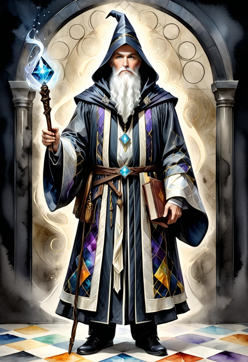 class character concept print, male, Wizard, robed, wise, staff-wielding, arcane tome carrier, scholarly aura, mystical, watercolor, mesh, photorealism style, Raised Texture, shades of cream, diamond pattern, fine art effect, charcoal shading accents, multicolor, rough texture, transparent finish <lora:artfully_QUILTEDFANTASY:1>,