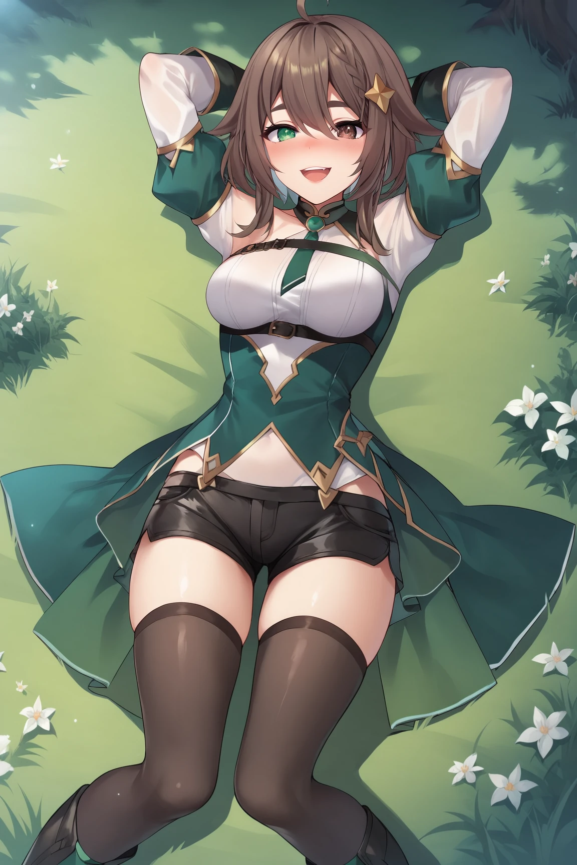 highest quality, (masterpiece:1.2), figure, disorganized,
(1 girl, alone), (beautiful detailed girl), cowboy shot,
bao sang niang, brown eyes, brown hair, striped hair, green hair, hair ornaments, big breasts,
green leotard, orange good, cleavage, belt, グリーン thigh high boots, thigh high boots, shoulder armor, knee pads,
Grassy mountains々, wood, chinese architecture, river, plant,
smile, looking at the viewer,
((sitting, spread your legs,))