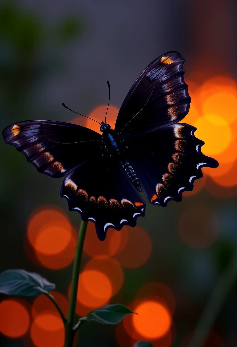 a closeup elegant photograph of a very beautiful black butterfly on a black flower with glowing gold edges with elegant rainbow accents on the tips of its wings taken at twilight, with illumination from bright fiery embers and flames in the background by AmeshinPhotographerPre2020