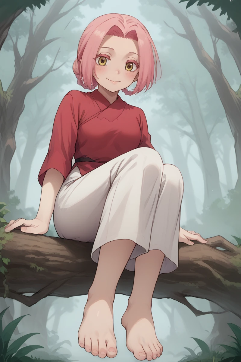 full body of  girl sitting on branch in forest,best quality,highres,from below,cute,barefoot,red kimono,short hair,pink hair,yellow eyes,looking at viewer,light smile,closed mouth,
<lora:Mei:1>,meiå°çæ¥½,japanese clothes,1girl,pink hair,solo,braid,red shirt,kimono,hair rings,blush,barefoot,
5 toes,<lora:Psycho_FeetPov2:0.8>,