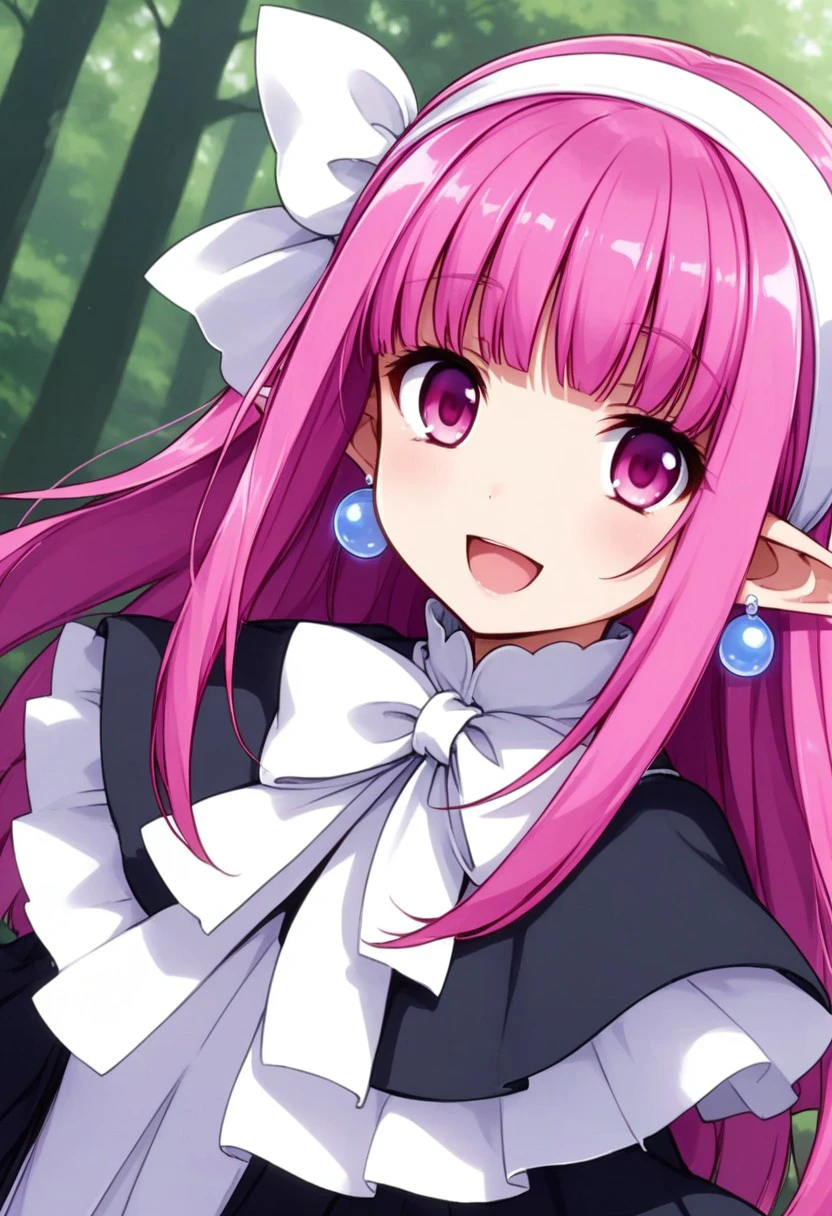 1girl,solo,long sleeve,black long dress,Slit in the center dress,pink hair,pink eyes,capelet,black Long boots,blunt bangs,long dress,earring,white hair ribbon,white hairband,pointy ears,ribbon,kind smile,cheek,open mouth,standing,dramatic angle,forest,day,