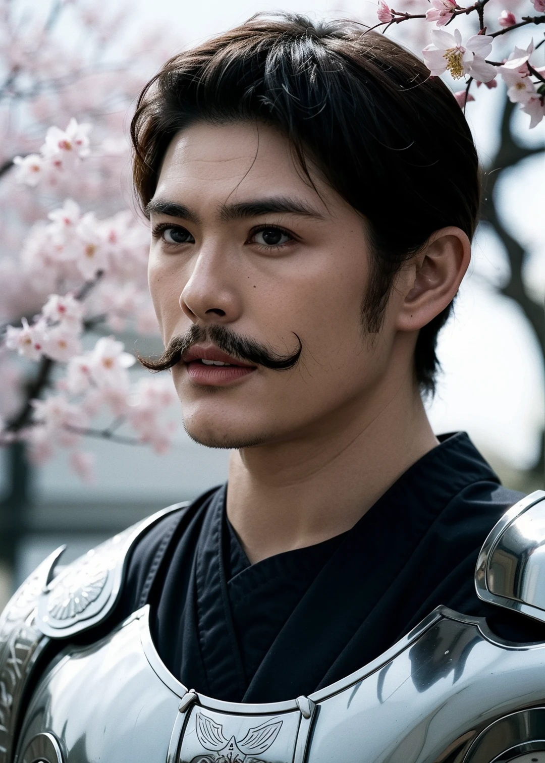 japanese male,mustache,samurai,(japanese armor:1.3),samurai hairstyle,dynamic view,torii,sky,sakura,petals,simple background,blurry,depth of field,portrait,((realistic)),Highly detailed,(ultra-detailed),(best quality,masterpiece:1.5),<lora:dark:0.7>,