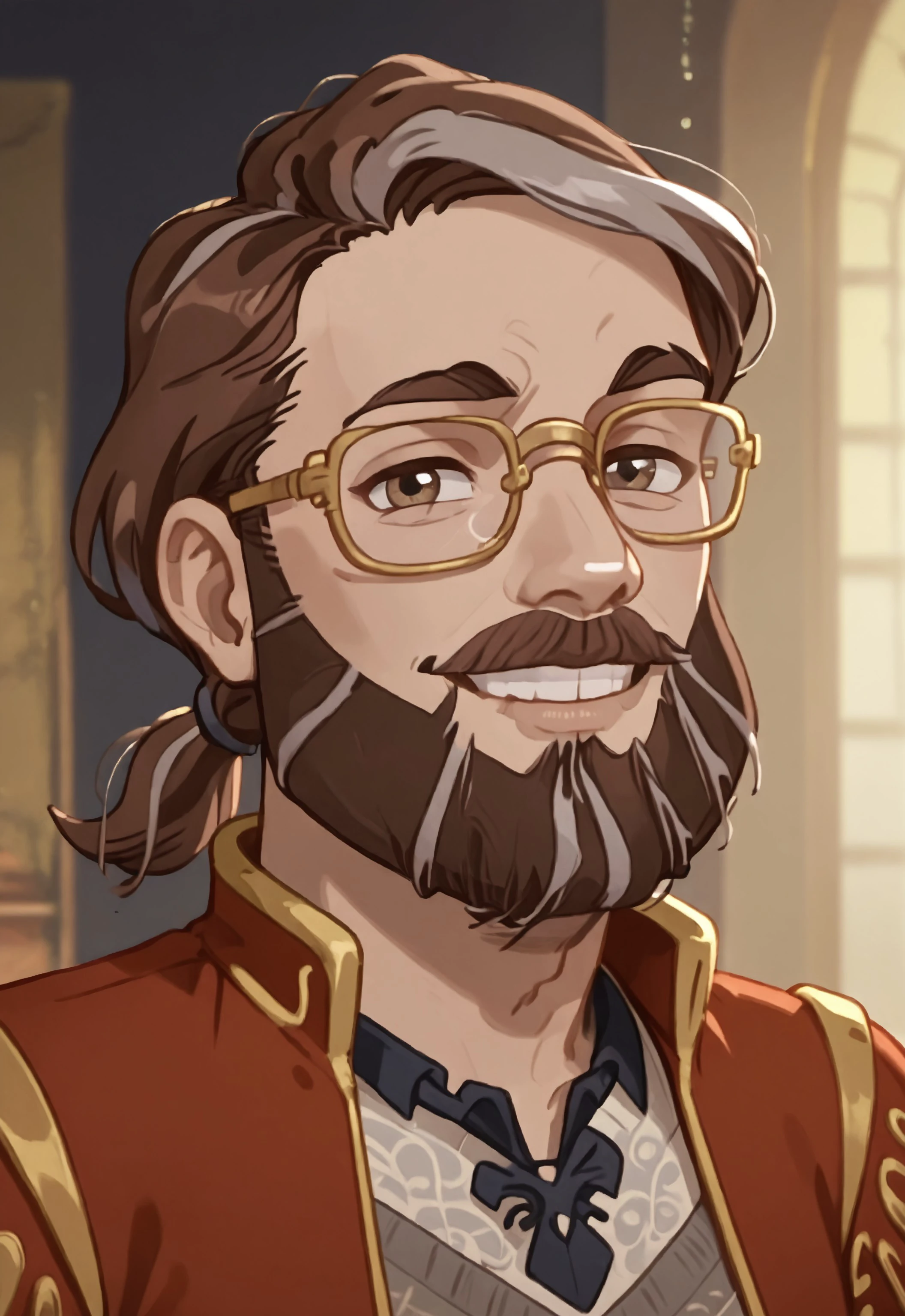 safe_pos, safe_pos, score_9, score_8_up, score_7_up, rating_nsfw, ultra hd, absurdres, solo, 1boy, masterpiece, best quality, best aesthetic, male focus, erotic, mature male, Expressiveh, wolfconf,
EAHPiedPier, facial hair, beard, brown hair with ponytail, multicolored hair, glasses, red coat, shirt with design, (portrait), headshot, looking at viewer, smiling, great lighting, flirty grin