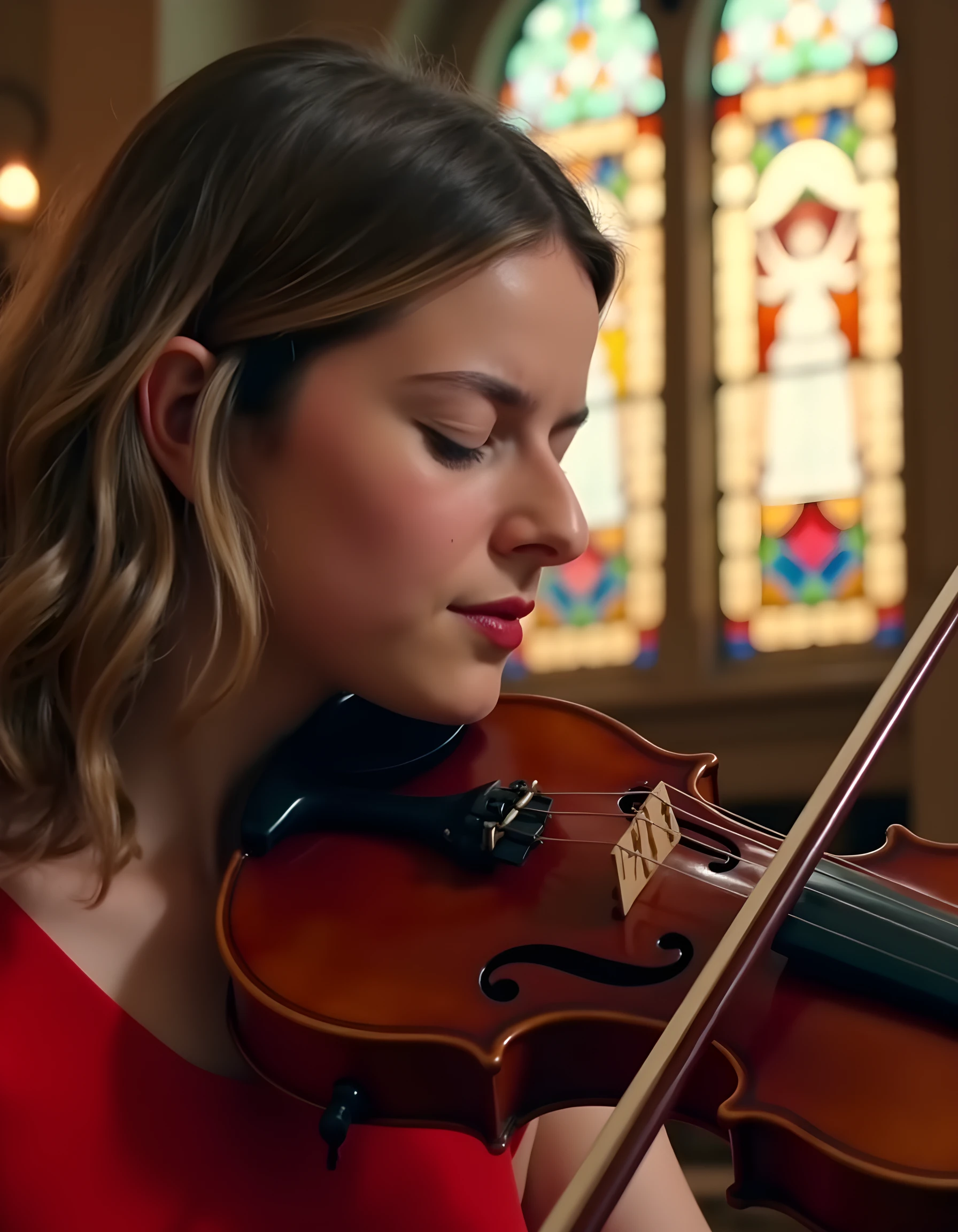 A stunning, close-up image of tapo4k1, a woman with a captivating aura, is captured in a poignant moment during an enchanting sunset concert at the historic Royal Albert Hall. The camera angle artfully angled from below emphasizes her delicate features as she gently plucks at the strings of a vintage violin, her lips parted slightly to reveal a hint of white teeth, her eyes closed in deep concentration and emotion, all set against a simple yet elegant black background that contrasts vividly with her vibrant red dress. The soft, warm glow of the setting sun filters through the stained-glass windows, casting an ethereal, dreamlike light on her face, evoking a sense of raw passion and soulful melody in this poignant portrait.