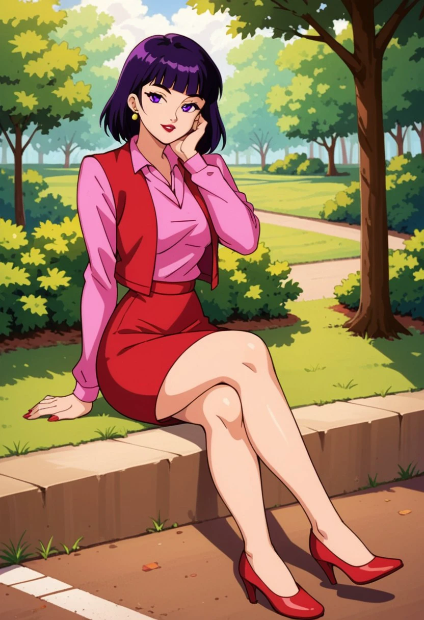 retro artstyle, solo, score_9,score_8_up,score_7_up,score_6_up,score_5_up,score_4_up, 1girl, female focus, mskas_vi0l3t, source_anime, 1990s \(style\), anime coloring, full body, sitting, crossed legs, park, day, trees, foliage, road,  arm rest,  hand on own cheek, medium hair, black hair, blunt bangs, purple eyes, red lipstick, red high heels, pink shirt, red skirt, pencil skirt, red vest, purple stud earrings, looking at viewer, parted lips, day, shoe dangle,