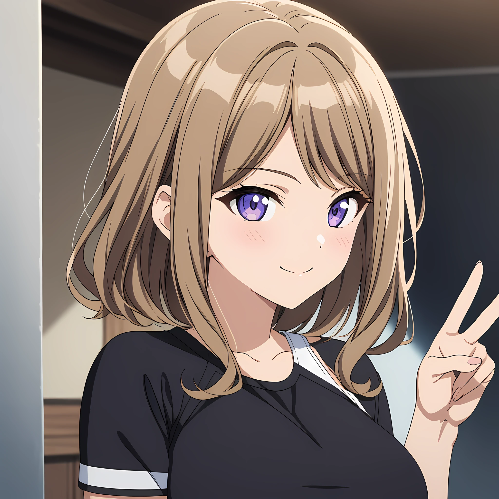 suminoe_shion, light brown hair, purple eyes, large breasts, bangs, black shirt, black sportswear, bare shoulder, knee guard, fingerless gloves, smile, standing, from the front, upper body view, v sign, portrait, anime coloring<lora:XL-SuminoeShion:1>, (masterpiece),(best quality),(ultra-detailed),(best illustration),(best shadow),(absurdres),(detailed background),(very aesthetic),