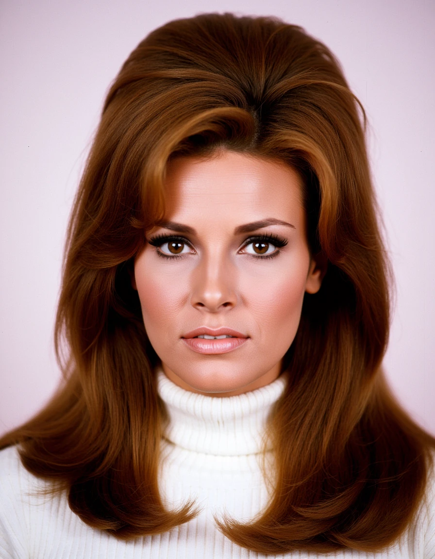 The image is an extremely tight face close up color photograph of a woman <lora:OurRaquel-000010:1.0> with a vintage, 1970s aesthetic. The subject is a woman with long, voluminous, chestnut-brown hair styled in a high-volume, slightly teased look, reminiscent of the Farrah Fawcett hairstyle popular in the 1970s. She has a fair to light olive skin tone and is wearing a high-neck, ribbed, white turtleneck sweater.