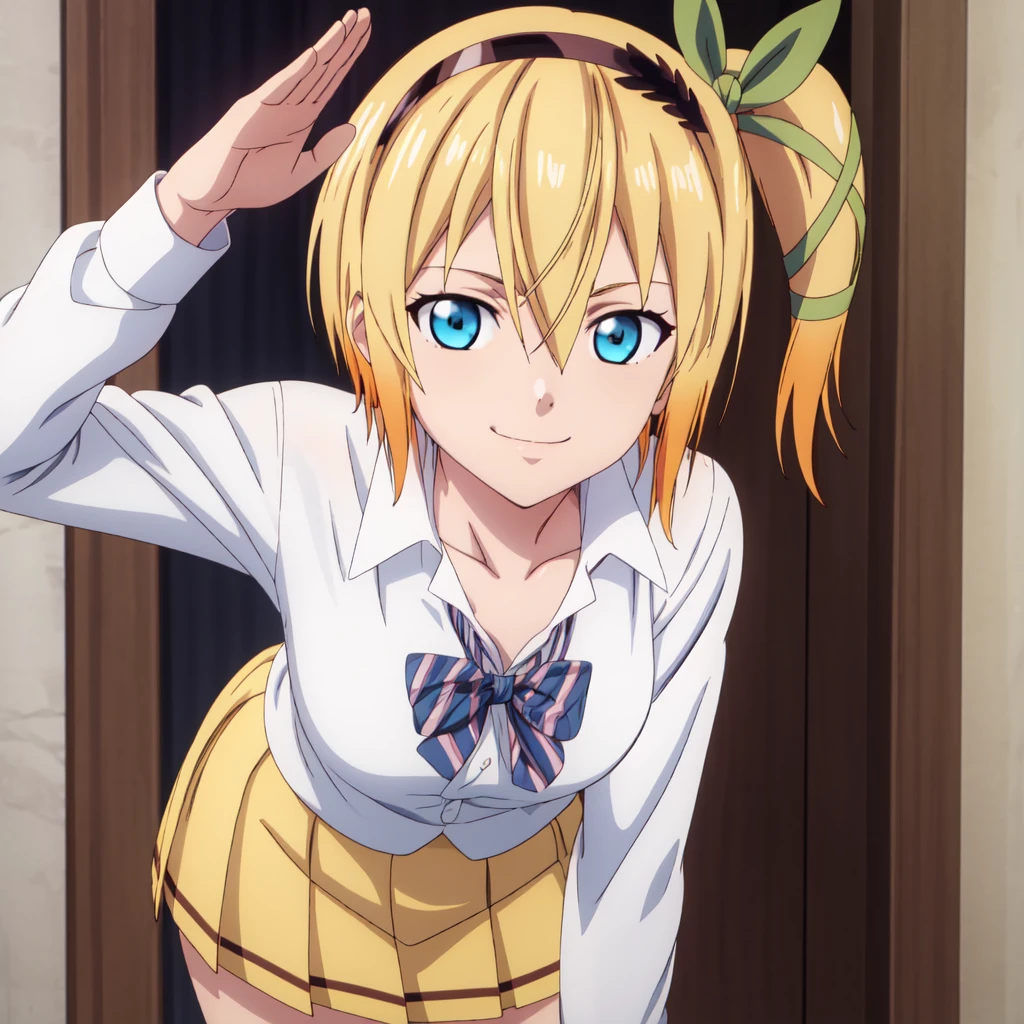 best quality, anime screencap, anime coloring, 1girl, solo, short hair, blue eyes, blonde hair, hair between eyes, hair ribbon, hairband, side ponytail, edna_yulind, skirt, shirt, long sleeves, bow, school uniform, collarbone, white shirt, pleated skirt, striped, collared shirt, red bowtie, dress shirt, white skirt, striped bow, striped bowtie, (leaning forward, Salute:1.2), looking at viewer, smile