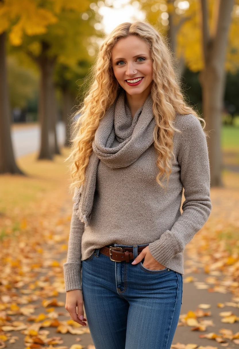 an amateur photo of suzannahlipscomb, a smiling woman, wearing lipstick and modest casual autumn clothes and jeans on a sunny autumn day. Golden leafs on the ground.