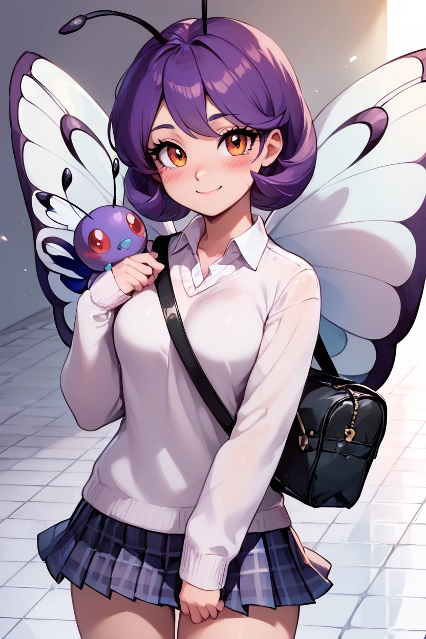 score_9, score_8_up, score_8,   ,,, , ,,,  zzButterfree, no humans, pokemon (creature), bug, wings, antennae, butterfly,  <lora:Butterfree_Pokemon_PDXL:1.0>,                                                   ,,,, BREAK, closed mouth, alternate costume, smile, looking at viewer, collared shirt, blush, sweater, black skirt, eyelashes, long sleeves, sleeves past wrists, plaid skirt, shoulder bag, black bag, blurry, tile floor, pleated skirt, white shirt, cowboy shot, ,,, embedding:zPDXL, Expressiveh, ,,, <lora:Vivid:0.7>, <lora:Uncensored_PonyXL_cpt_v02.09:0.4>, <lora:Expressive_H-000001:0.4>,