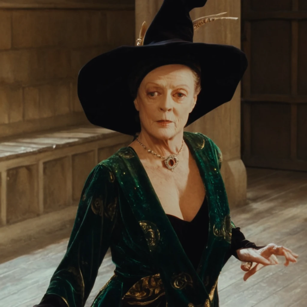 Minerva McGonagall, portrait, solo, single person, 1girl, modern 4K movie screencap, UHD 8K, Maggie Smith, female, solo, Dancing in a tango pose, from above, oriental woman at a masquerade ball, jewelled earrings, necklaces, sequinned robes, wearing an elaborate masquerade dress, directional lighting illuminating her from one side, witch hat, bright sunny exterior,