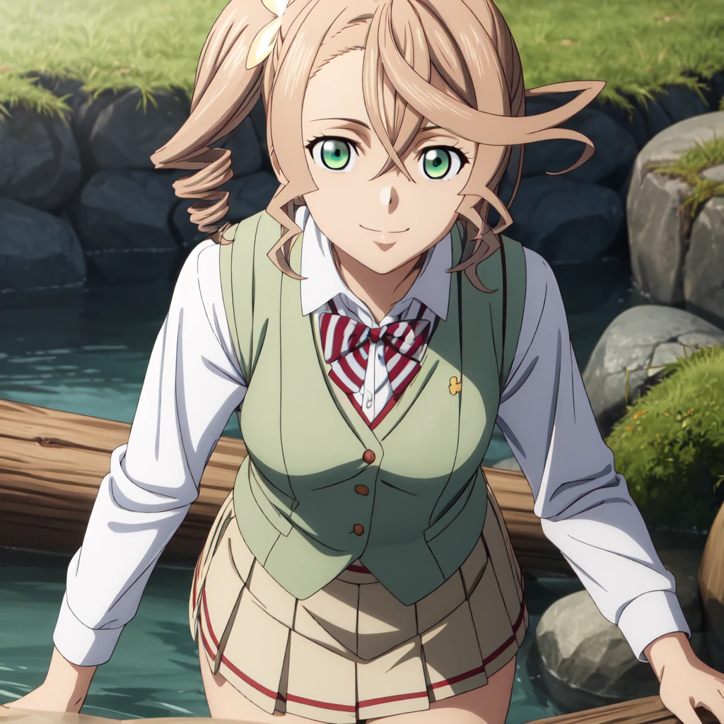 best quality, anime screencap, anime coloring, 1girl, solo, short hair, almond blonde hair, hair ornament, green eyes, side ponytail, drill hair, alisha_diphda, skirt, shirt, long sleeves, bow, school uniform, collarbone, white shirt, pleated skirt, striped, collared shirt, red bowtie, dress shirt, white skirt, striped bow, striped bowtie, (green vest:1.3), mature women, Balancing on a fallen log over a crystal-clear stream, she exudes a sense of adventure and fearlessness, smile, closed mouth