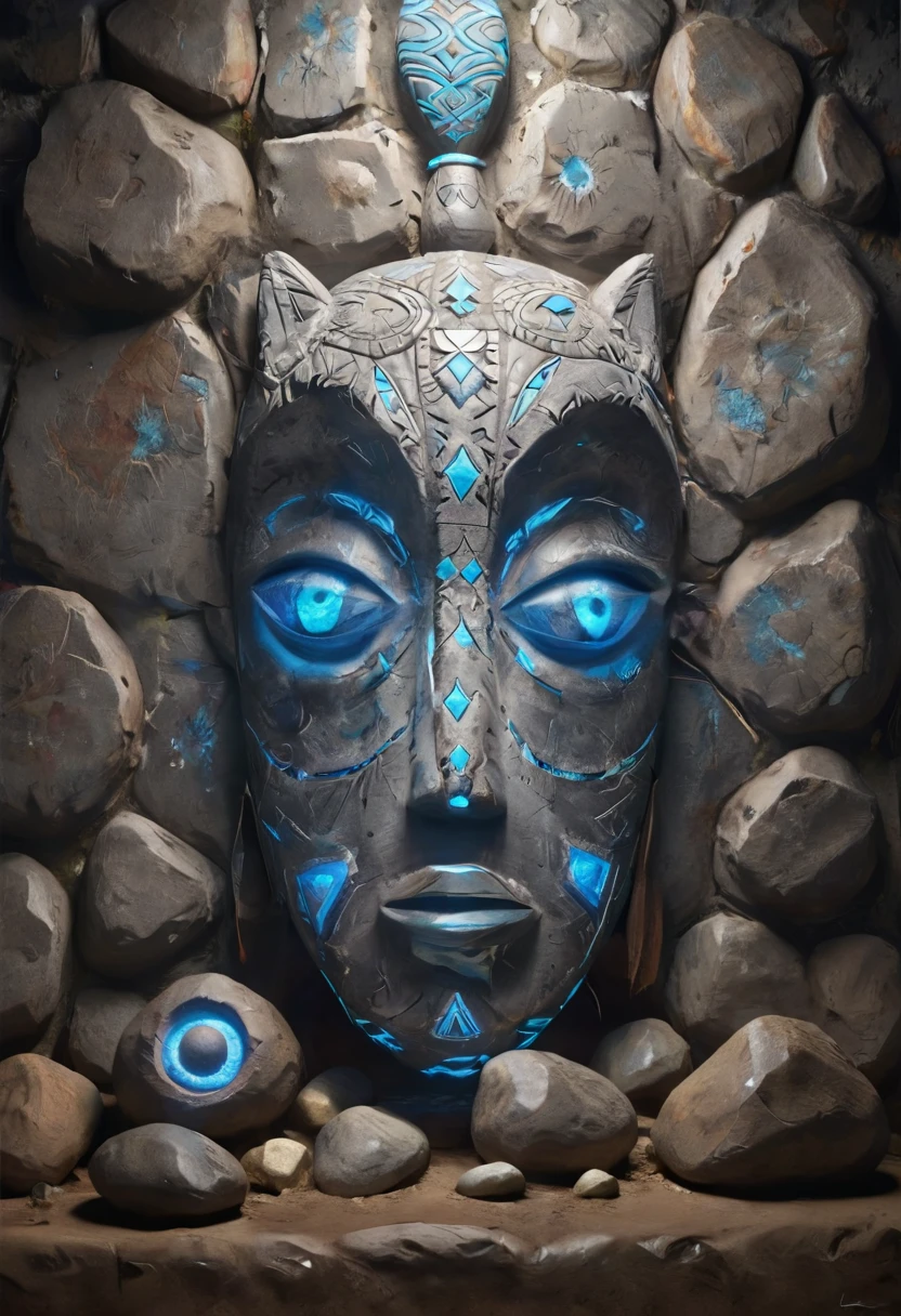 image of large concrete sign with illuminated display on top standing between some rocks and boulders next to some lights shining from above on a blue grey wall outside area area filled with light fixture,<lora:Tribal_Mask:0.85>, Tribal_Mask, tribal, mask, glossy paper, iso150,  35mm, score_9, score_8_up, score_7_up, close up, indonesian batik, tent skin, cultural clothing, windswept hair, facing viewer, detailed ornaments, ((light asian skin)), very detailed big eyes, intricate details, <lora:Hyperrealism style v3:0.5>, Hyperrealism style, 3d, concept-art, dreaminess, psychedelic, surreal, vibrant, shallow-depth-of-field, contemporary, soft bokeh, futuristic, other-worldliness, Unreal, real-time 3D, Epic Games style, Unreal Engine style, 3d-rendering,50% ControlNet Canny