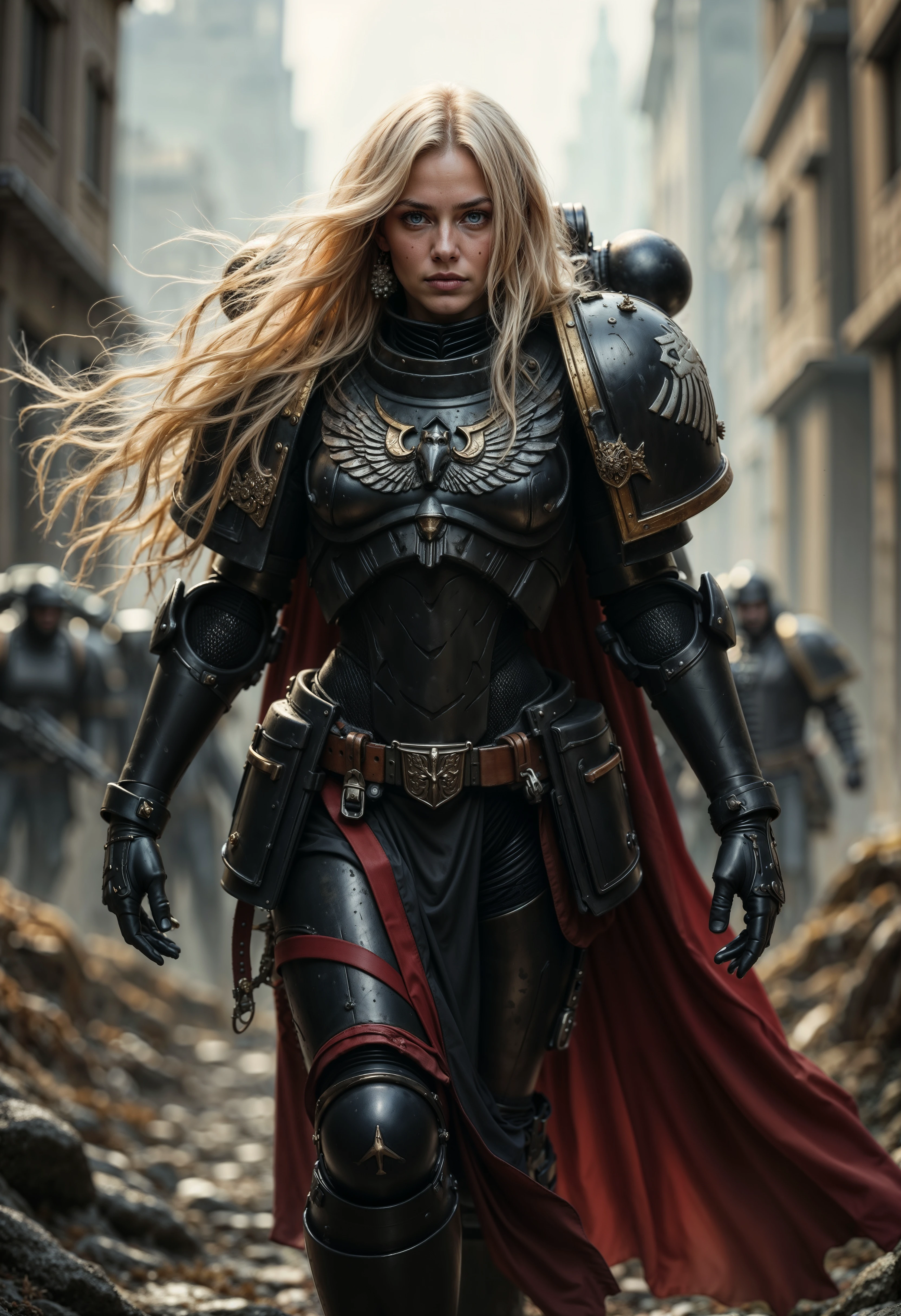 ultra realistic woman with long flowing blonde hair, wearing RavenG40k armor walking in a battlefield <lora:FluxRavenG40k:0.9>