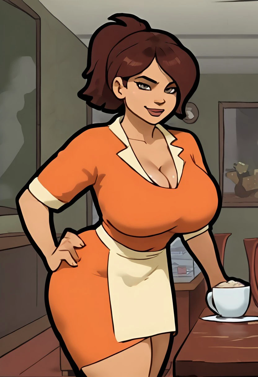 a close up of a Kale  cartoon woman apron, large bodies, latte ,, Kale, large bodies, Kale breasts , sexy grosso, animated film still, animated film, animated film, animated film scene, 3 d animated film, animated cartoon style, animated cartoon, animated film, pixar movie still, Tracer in a skintight dress, ideal pixar character, estilo de animated cartoon pixar, render in pixar, animated film still