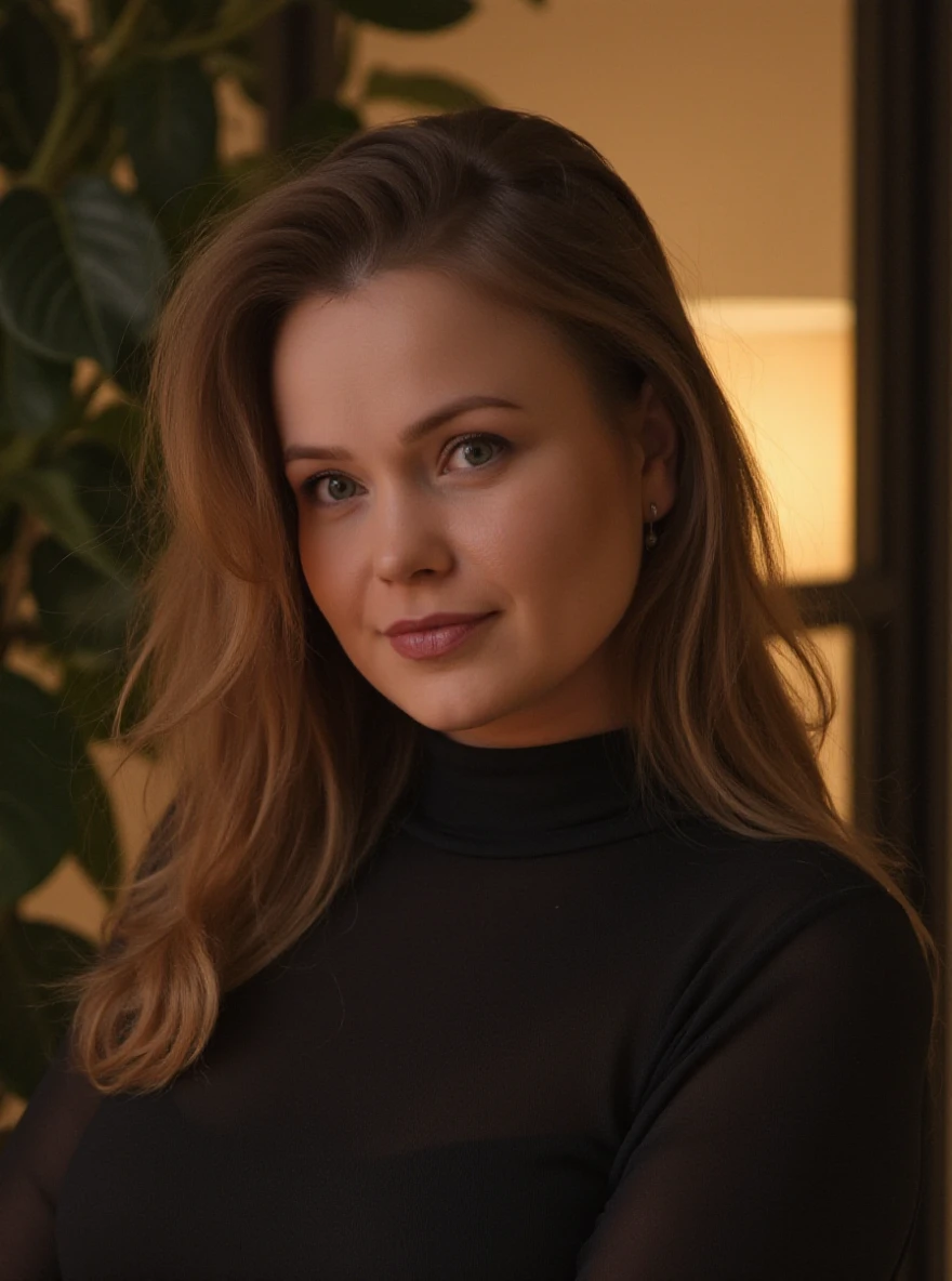 portrait of dr3amsw33tg1rl  woman, posing on a office at night, serene and warm, natural lighting, soft focus, high-resolution, elegant and introspective atmosphere, quiet sophistication, wearing a turtleneck yarn blouse, slight smile