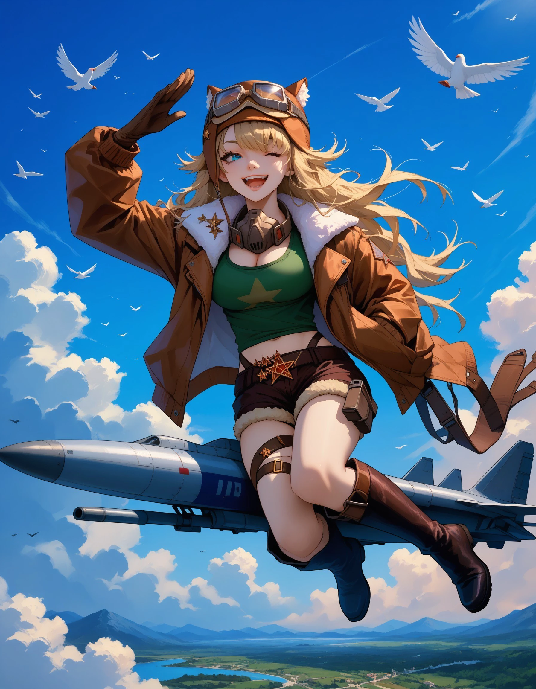 score_9, score_8_up, score_7_up, rating_explicit, source_anime, AddXL, outdoors, blue sky, cloudy, cloud, midair, abstract background, bird,
BREAK
1girl, lilyadef, blonde hair, very long hair, blue eyes, large breasts, cleavage, midriff, bomber jacket, green tank top, brown shorts, highleg panties, brown gloves, belt, thigh strap, mask around neck, aviator cap, goggles on headwear, knee boots, flying, missile, rocket, riding, (salute), (big smile, open mouth), smug, one eye closed,
<lora:r1999lilya-pdxl-ravenfoot-v1-CAME:1.0> <lora:add-detail-xl:2.0>