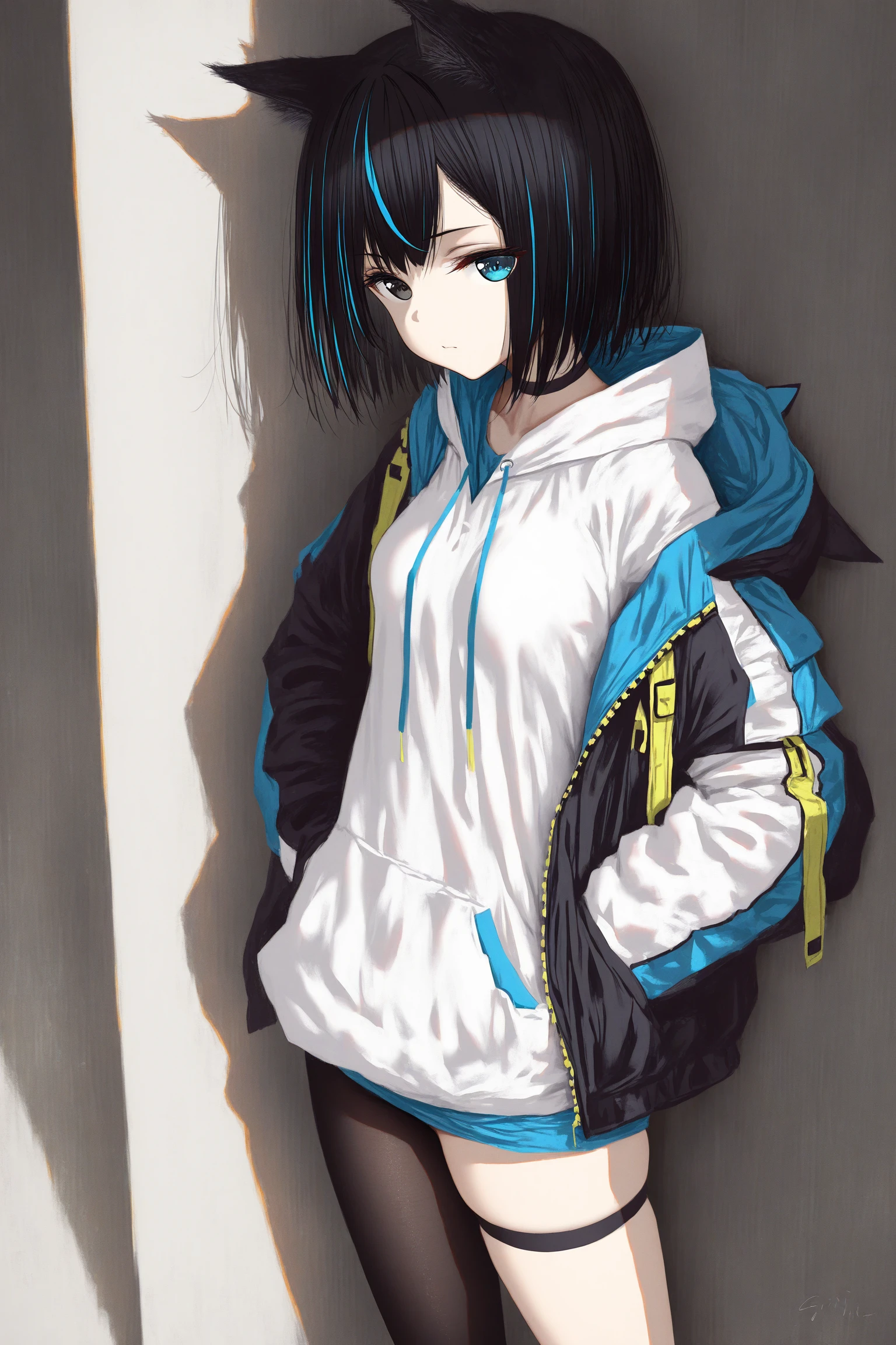 1girl, Girimi Default,streaked hair, heterochromia, cat ears, blue eyes, black eyes, hidulume,jacket, hood,single leg pantyhose, black pantyhose, hood down 
very aesthetic, masterpiece, best quality, very aesthetic, highres, absurdres, sensitive, 

(rolua:0.3),(ke-ta:0.3), (40hara:0.3), (wlop:0.4), highres, detailed (kedama_milk:0.5),










