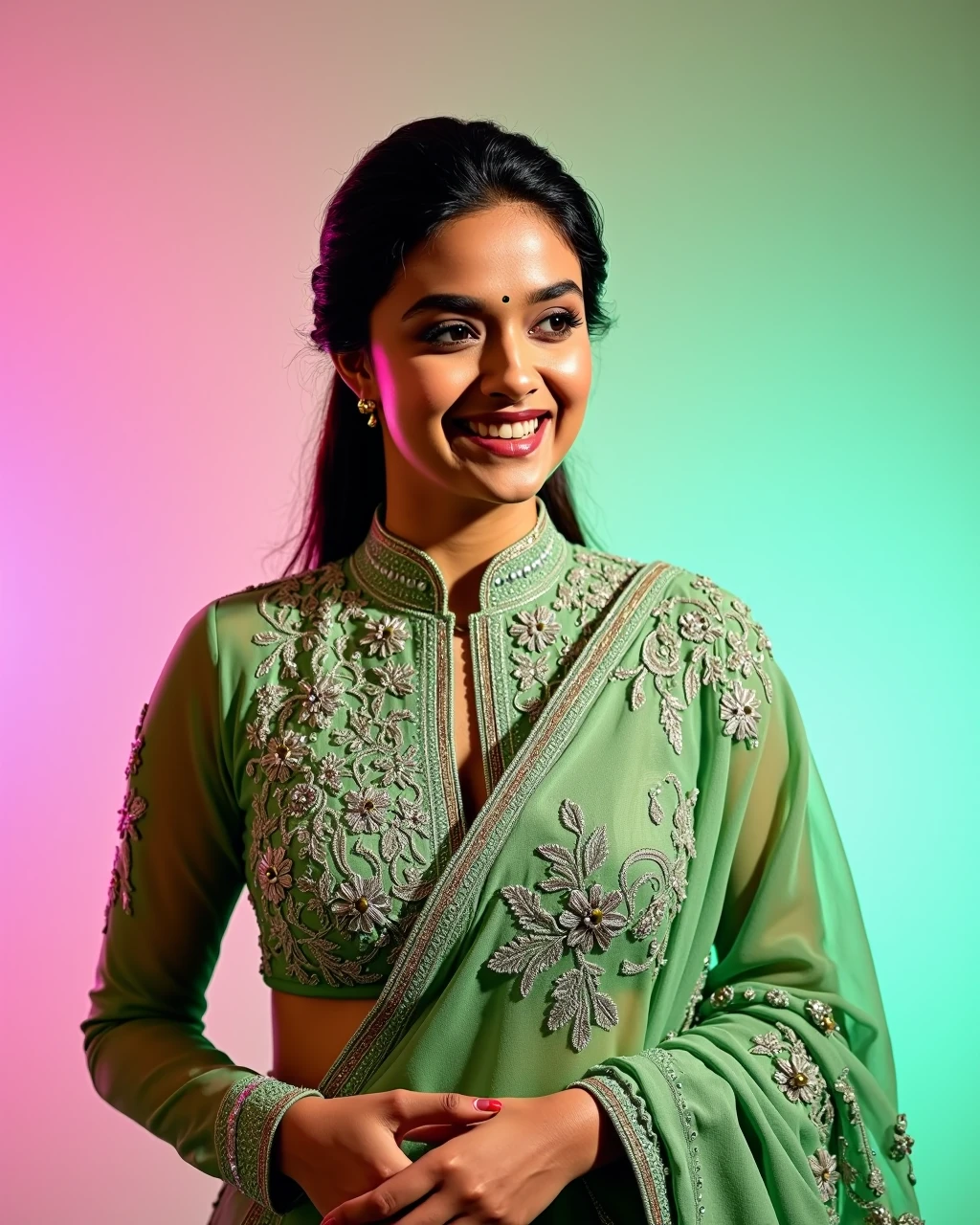 full body photo of a Keerthy Suresh woman,candid photo with natural colors, laughing expression on face,studio quality, wearing intricate conservative turtleneck Green Churidar Suit, high ponytail, pastel shaded multicolored background, cinematic soft lighting<lora:TestBed\Keerthy_Suresh_2024_Flux_Kohya_V2.safetensors:1.0:1.0>