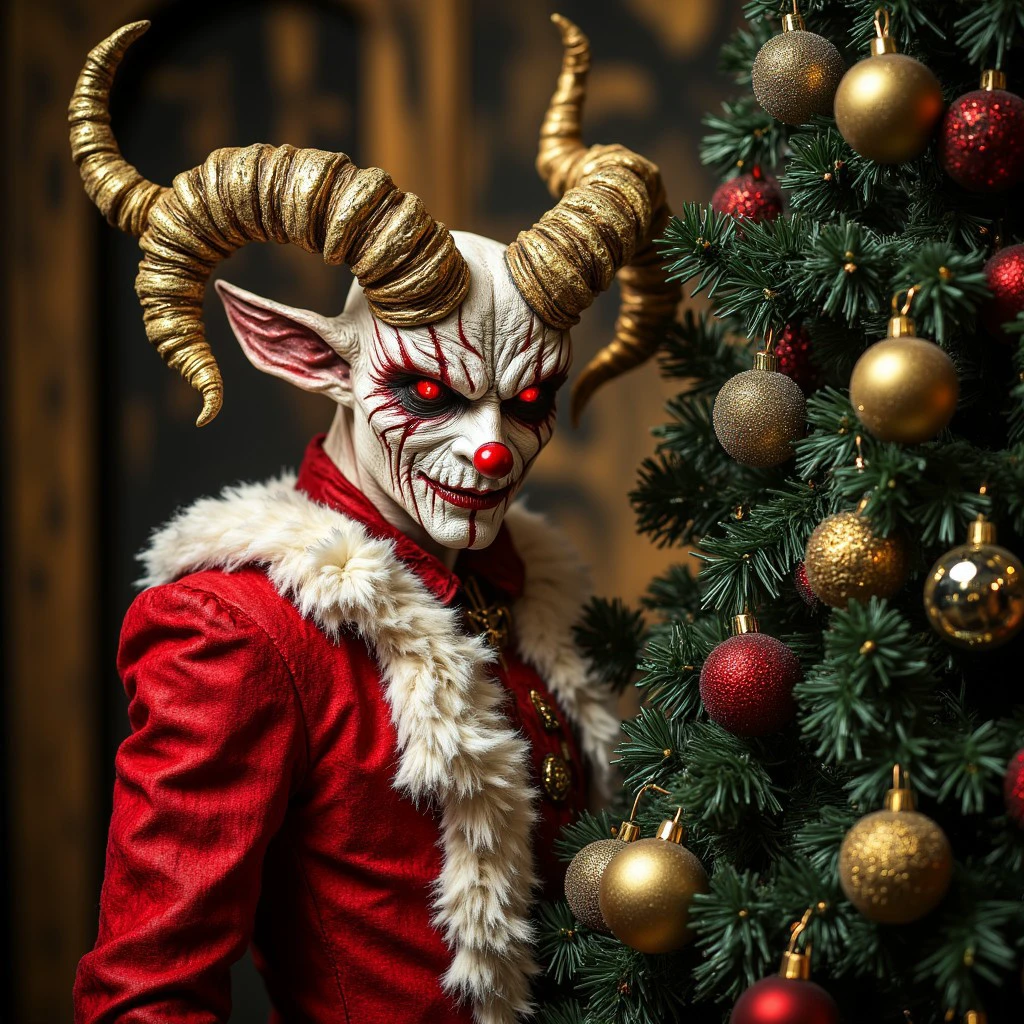 Close-up of an evil XmasDemon demon dressed in Christmas-style , with red and white hues and gold accents, wearing large horns and having red glowing eyes, standing next to a decorated Christmas tree. This is a fantasy photography piece with a fantasy art aesthetic, appearing hyper-realistic.