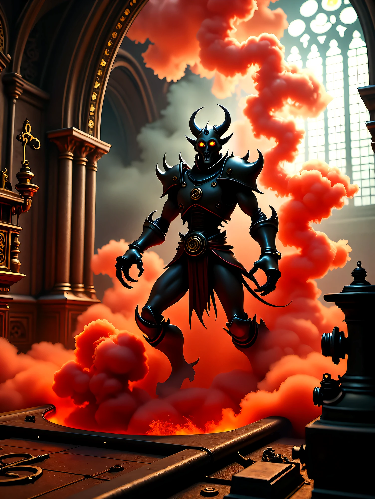 A demon rises up from a hole in the floor that is filled with a swirling red smoke, inside the ancient caathedral with large stained glass windows in the background.  Volumetric lighting creates an atmosphere of dread and horror in this iconic horror documentary photograph, vintage photography st3ampunkd3mon-flux-000020