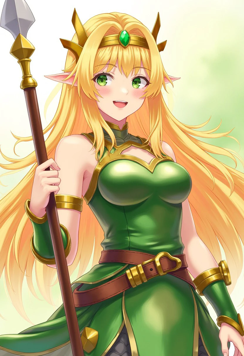 beautiful blonde woman with long hair, she wears a gold crown with emerald in the middle, she wears a shiny green armor, she is smiling and but is shy, her eyes are green, she wields a spear and seems to be an amazon warrior, japanese anime style, heroic fantasy,