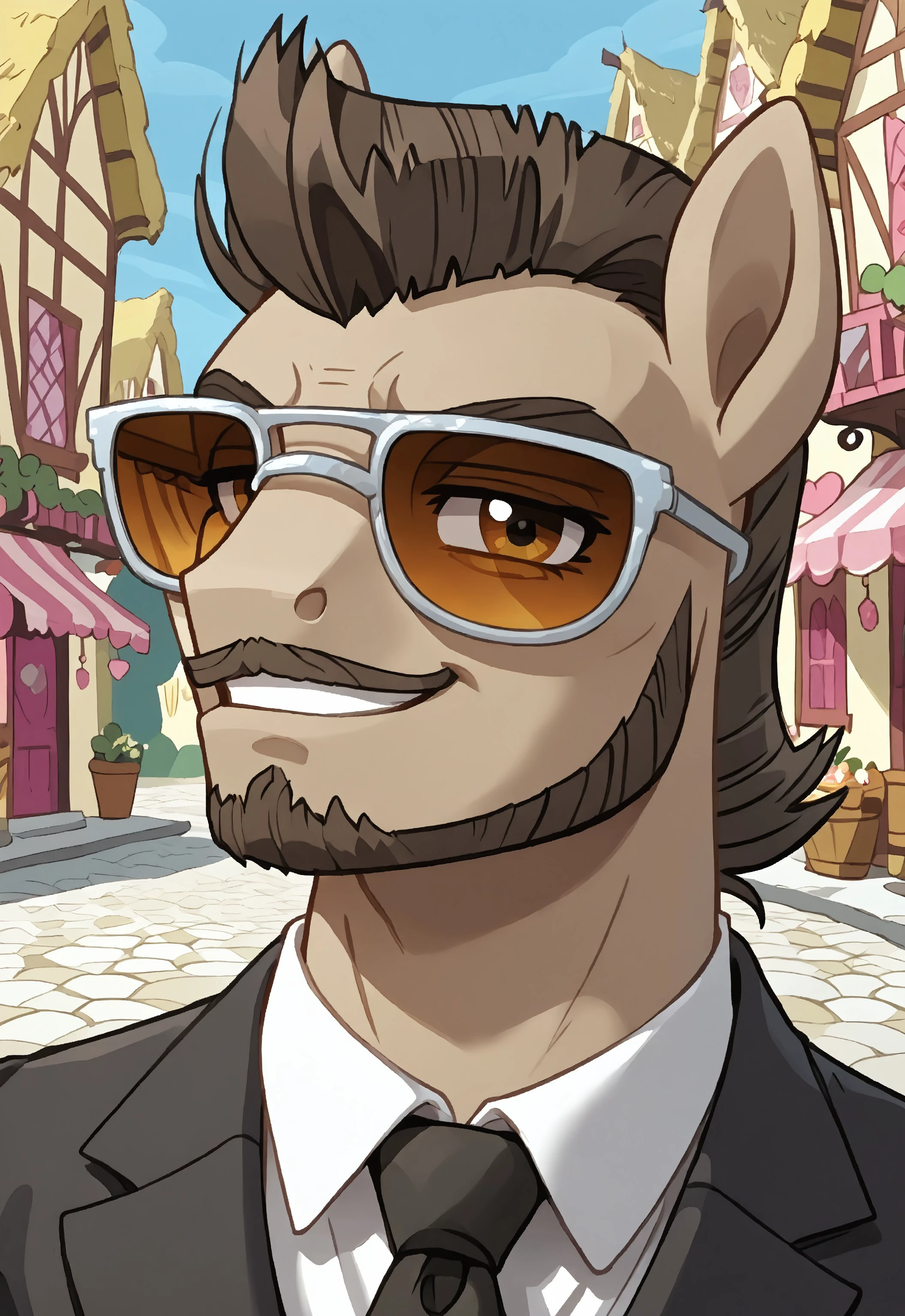 safe_pos, safe_pos, score_9, score_8_up, score_7_up, rating_nsfw, ultra hd, absurdres, solo, masterpiece, best quality, best aesthetic, Expressiveh, wolfconf,

MLPWalter, walter_facialhair, walter_brownhair, sunglasses, necktie, beard, suit, (portrait), headshot, looking at viewer, smiling, pony, ponyville, earth pony, horse