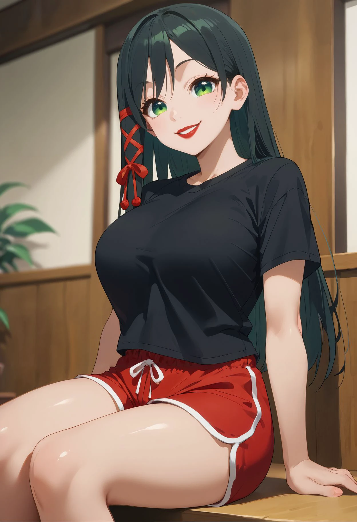 score_9,score_8_up,score_7_up,  <lora:amagami_yae_pdxl_goofy:1> amagamiYae, black hair, green eyes, long hair, hair ribbon,red ribbon ,1girl, black shirt, short sleeves, t-shirt, large breasts, smile, happy, red lips, makeup, dolphin shorts, short shorts, sitting