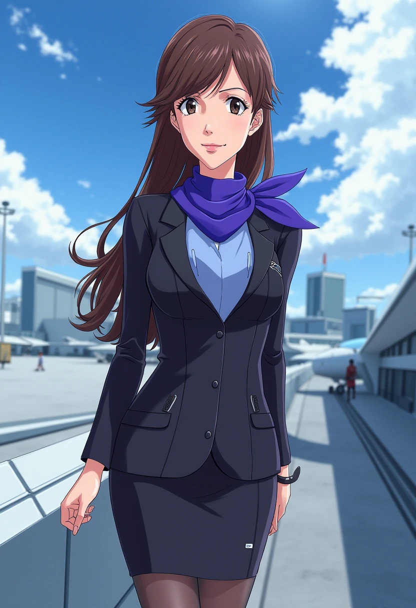 A detailed solo portrait of  suzuhara_sakura 1girl
Anime style, sharp, high contrast and highly detailed.,, 
,
 <lora:evangelion_sakura_suzuhara_flux_v1_2-000006:1>,
She is standing in a futuristic airport, with sunshine, blue sky and white cloud in the background. She wears a sleek and professional airline attendant uniform inspired by Japanese aesthetics, similar to the uniforms of ANA (All Nippon Airways). The uniform should consist of a tailored black jacket with a subtle sheen, featuring a structured, fitted design with long sleeves and a single-button closure. Beneath the jacket, the attendant wears a light blue collared shirt, neatly tucked into a matching knee-length pencil skirt. Around the neck is a silk scarf in a vibrant, bold color such as purple or blue, tied elegantly to add a touch of flair and sophistication. The outfit is complemented by sheer black tights and polished black dress shoes with low heels, designed for both style and comfort. She looks mature, gentle and elegant. She is looking at the viewer with a beautiful smile.