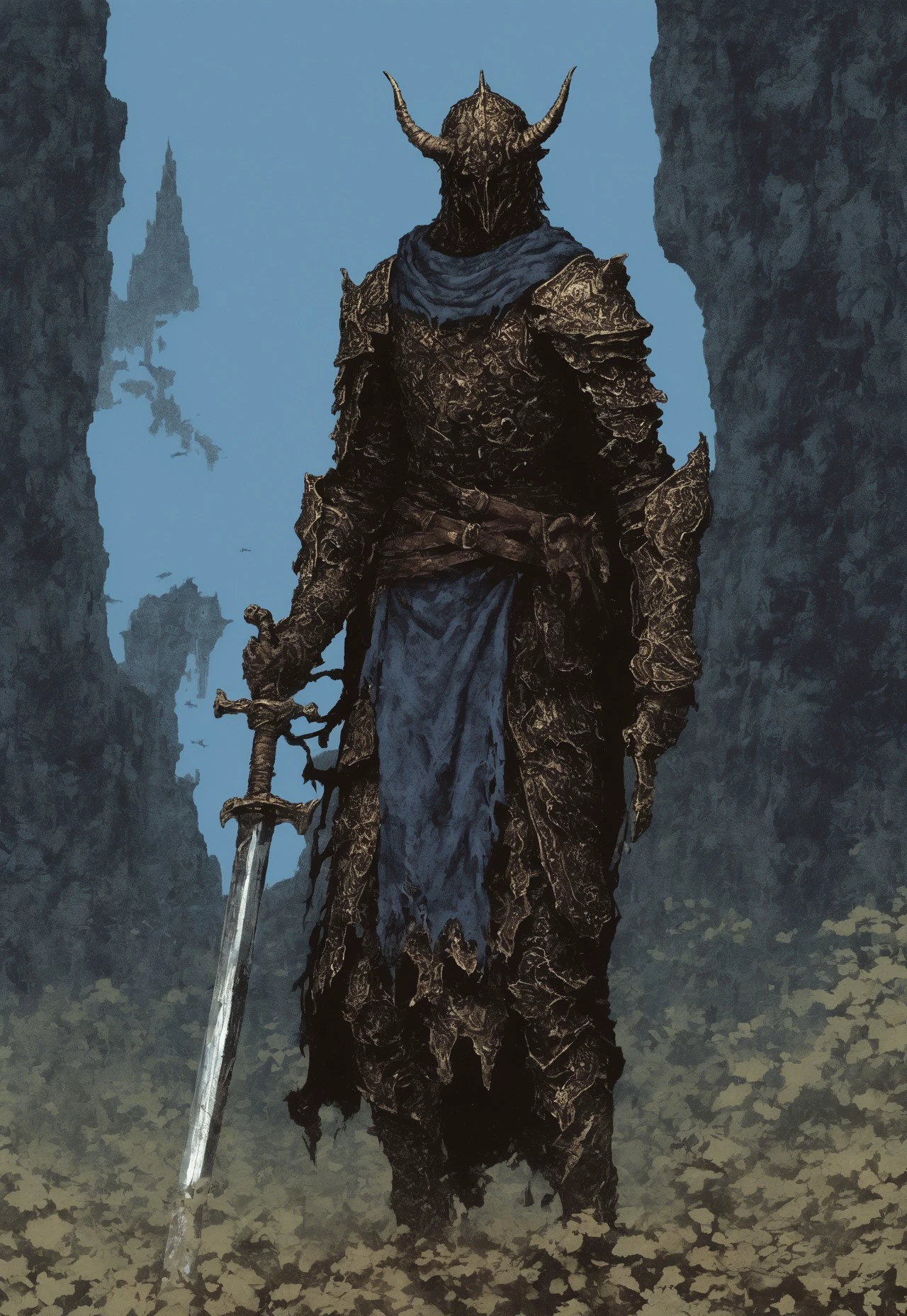 In the style of dark fantasy art, a heavily armored tall and skinny warrior stands in a dynamic, battle-ready pose, holding a massive sword with both hands. His armor is intricate, adorned with detailed engravings, and shows signs of wear from countless battles. A tattered blue cape flows behind him, adding a sense of movement and mystery. The helmet covers his face, leaving only darkness beneath, and two curved horns rise from the helm, giving him a fierce, intimidating presence. The warrior’s armor has a weathered, metallic sheen, and the scene around him is dimly lit, with shadows emphasizing his powerful, stoic figure. The atmosphere is dark and intense, capturing the essence of a seasoned, mythical knight in a fantasy world.