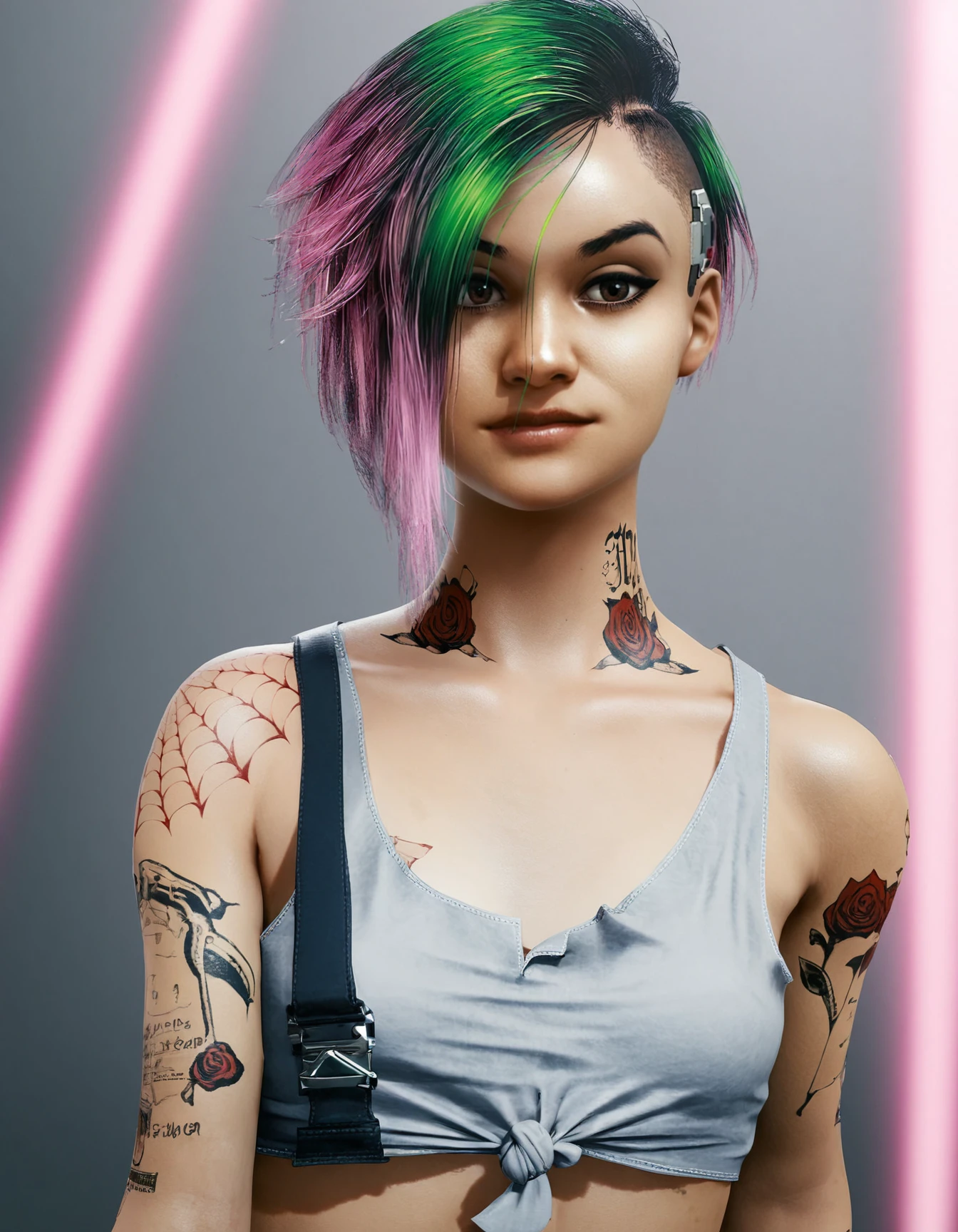 judy alvarez, 1girl, solo, tattoo, short hair, multicolored hair, green hair, looking at viewer, realistic, undercut, pink hair, two-tone hair, makeup, asymmetrical hair, eye makeup, brown eyes, arm tattoo,  <lora:Judy-Alvarez-Pony:0.85>
BREAK
level_9, level_8_up, level_7_up, level_6_up, level_5_up, source_cartoon, masterpiece 
BREAK
small breasts, indoor, neon lights,