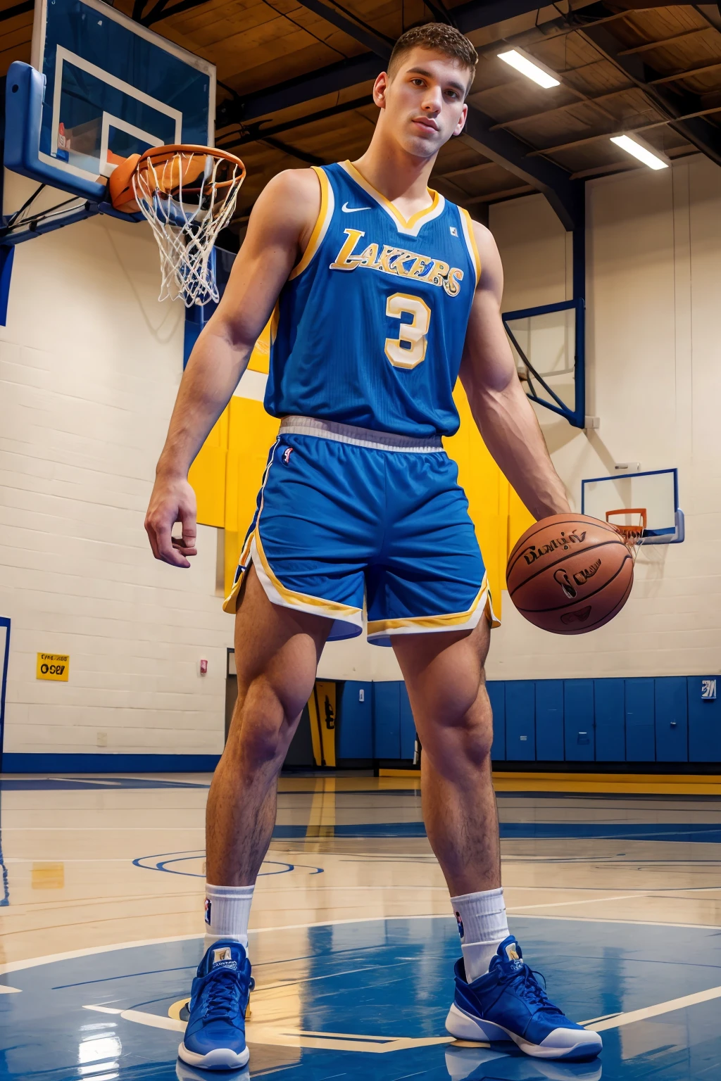 basketball arena, high ceiling, basketball court, basketball hoop, JimmyFanz is a basketballplayer, wearing basketball uniform, (blue jersey:1.2) with gold trim, (blue shorts:1.2) with gold trim, white socks, blue hightop sneakers, (holding basketball), (caucasian male), (((full body portrait))), wide angle <lora:Clothing - Sexy Basketball Player:0.50> <lora:JimmyFanz:0.8>