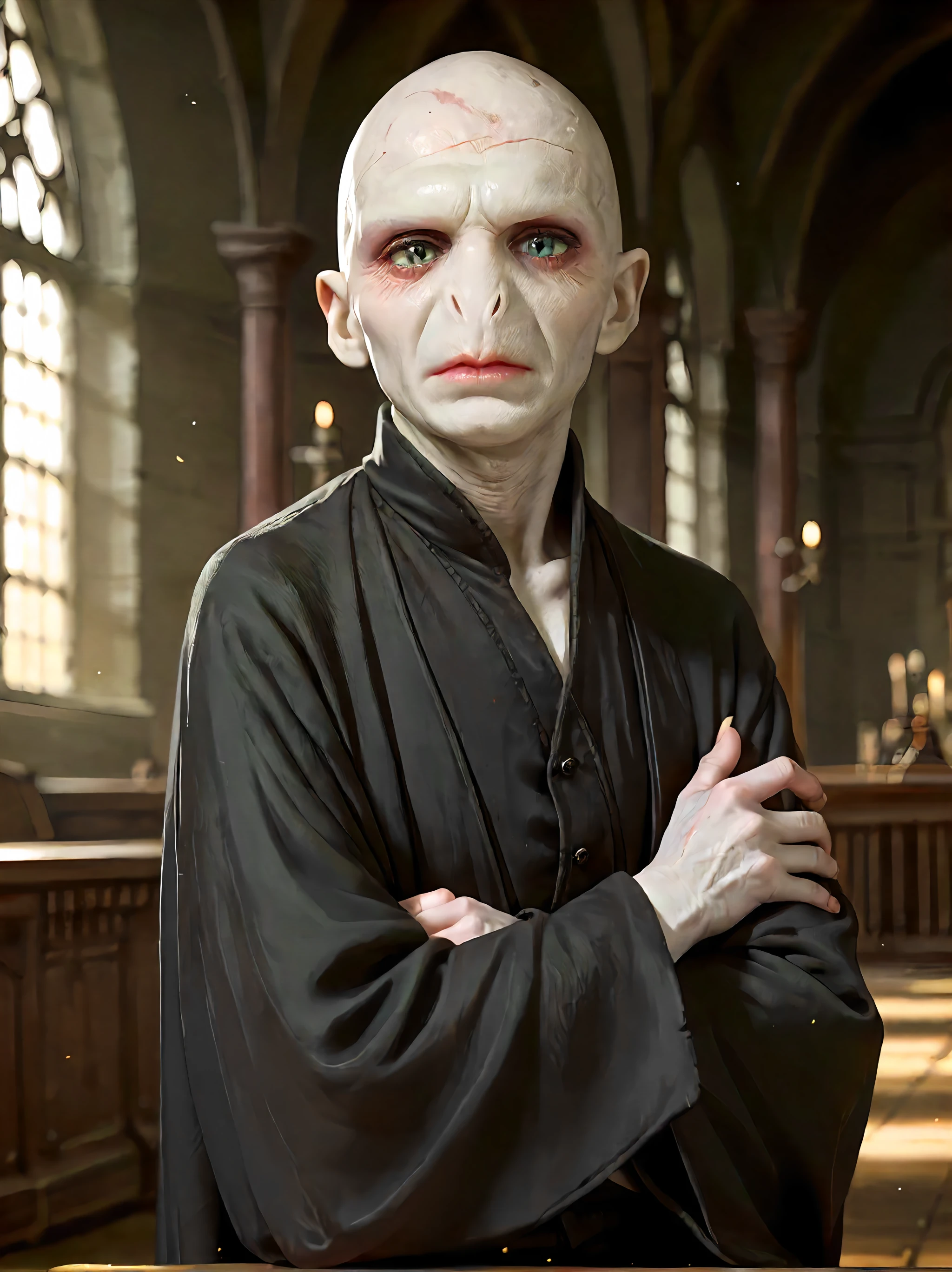 harry potter,Arms crossed,cinematic still,bald,slit nose,looking_at_viewer,voldyponyxl,voldemort,(pale bluegrey skin:1.3),alien,black robe,<lora:VoldyPonyXLMerge3:1>,(score_9,score_8_up,score_7_up,score_6_up,score_5_up,score_4_up,rating_questionable),