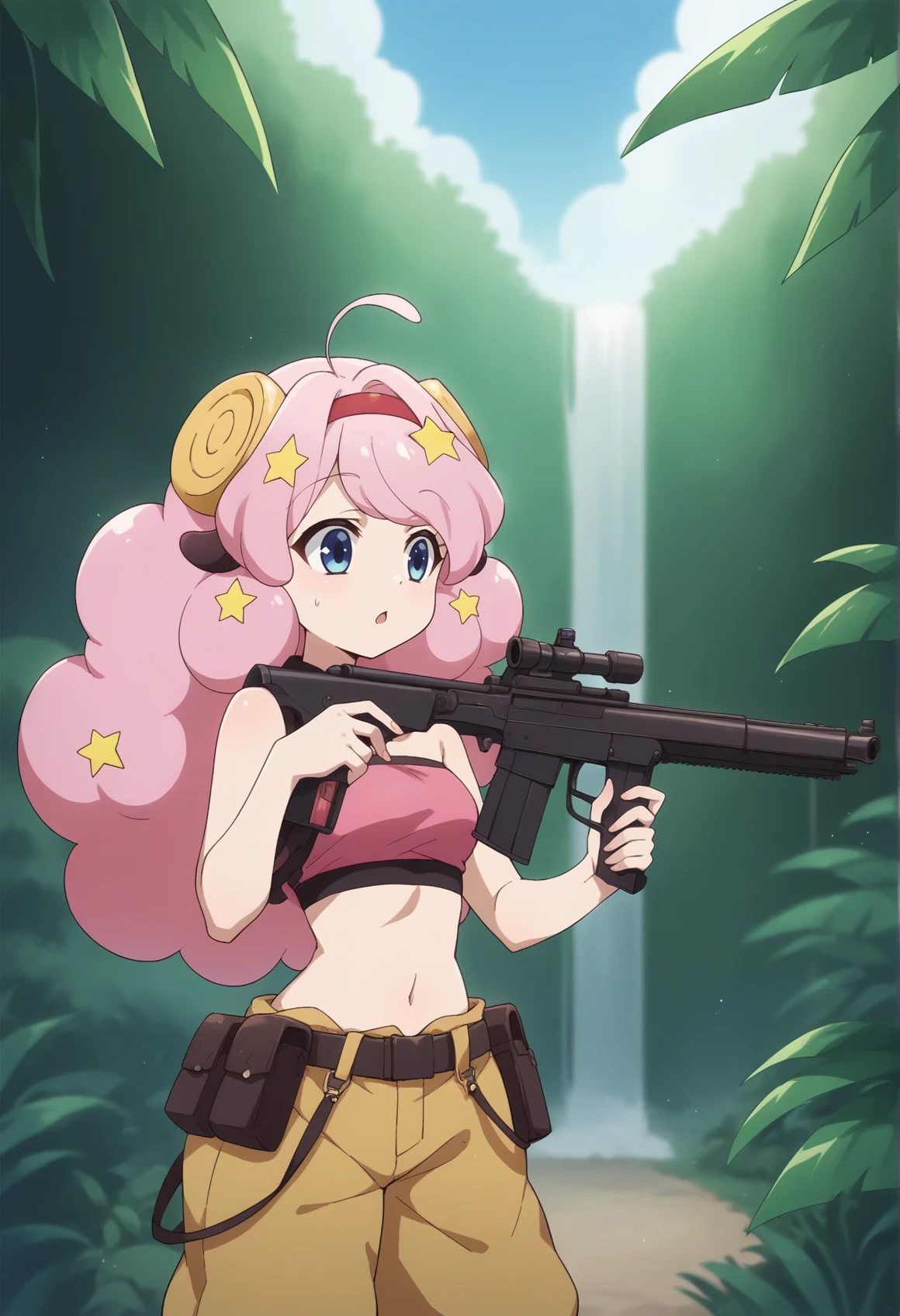 1girl, pink hair, fluffy hair, blue eyes, star (symbol), hair ornament, horns, baggy pants, tactical clothes, tube top, red headband, pouch, belt, holding machine gun, outdoors, jungle, chestnut mouth,  <lora:show_by_rock_moa:0.8>, score_9, score_8_up, score_7_up, score_6_up, score_5_up, score_4_up, BREAK source_anime, masterpiece