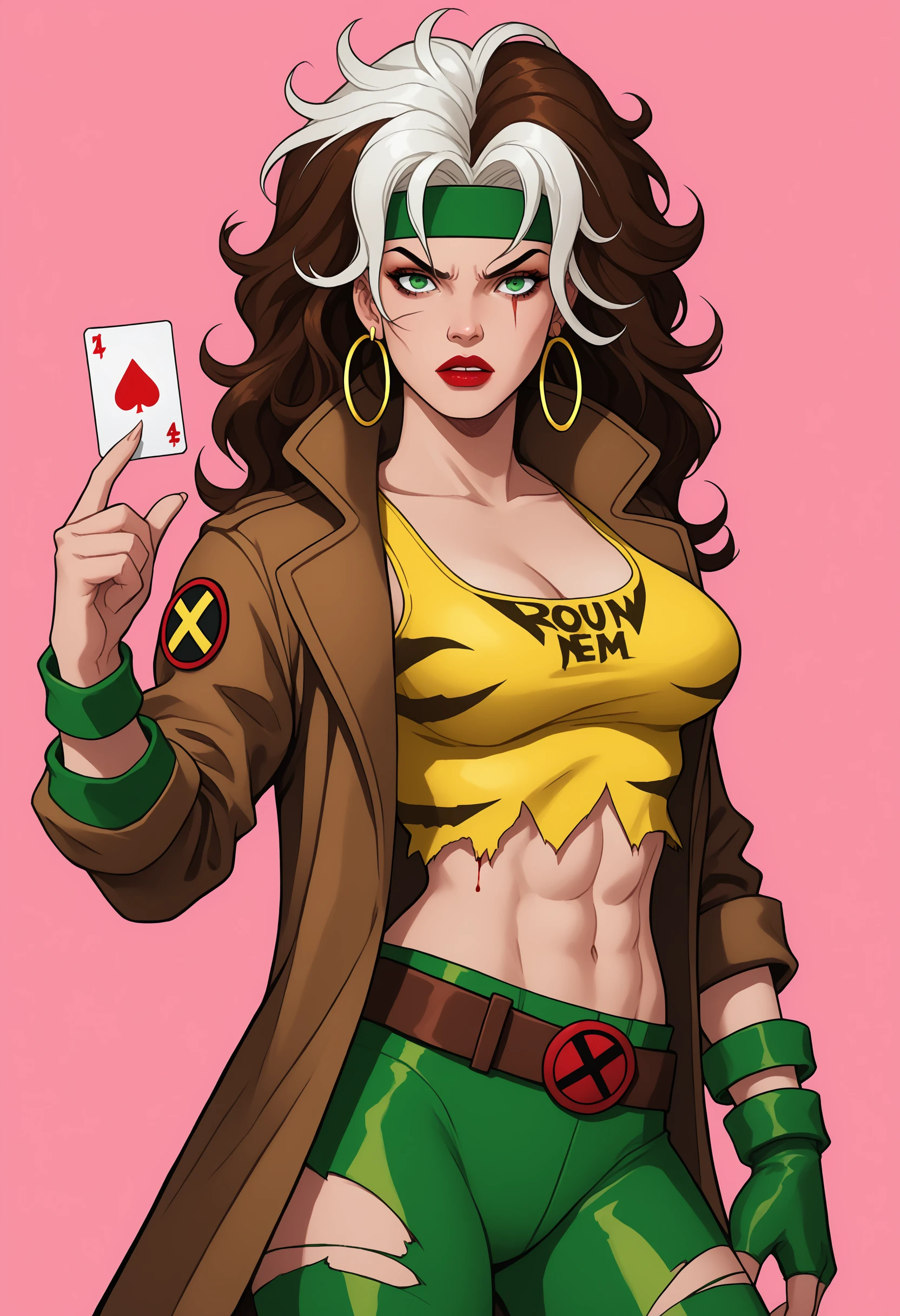 gambit, rogue \(x-men\), 1girl, adapted costume, animal print, animification, badge, belt, blood, blood splatter, bo staff, bodysuit, boots, breasts, brown belt, brown hair, brown jacket, button badge, card, claw \(weapon\), coat, collarbone, copyright name, covered abs, crop top, dated, dyed bangs, earrings, from side, glint, gold earrings, green eyes, green headband, hair between eyes, headband, heart, hoop earrings, jacket, jewelry, large breasts, leather, leather jacket, lipstick, looking at viewer, makeup, midriff, multicolored clothes, multicolored hair, navel, open clothes, open jacket, parted lips, pink background, playing card, popped collar, print tank top, red lips, scar, shirt, sidelocks, signature, simple background, spikes, superhero costume, tank top, thigh boots, tiger print, toned, torn clothes, torn tank top, trench coat, two-tone hair, v-shaped eyebrows, wavy hair, weapon, weapon on back, wing collar, x, yellow tank top, zipper pull tab PonyXLV6_Scores