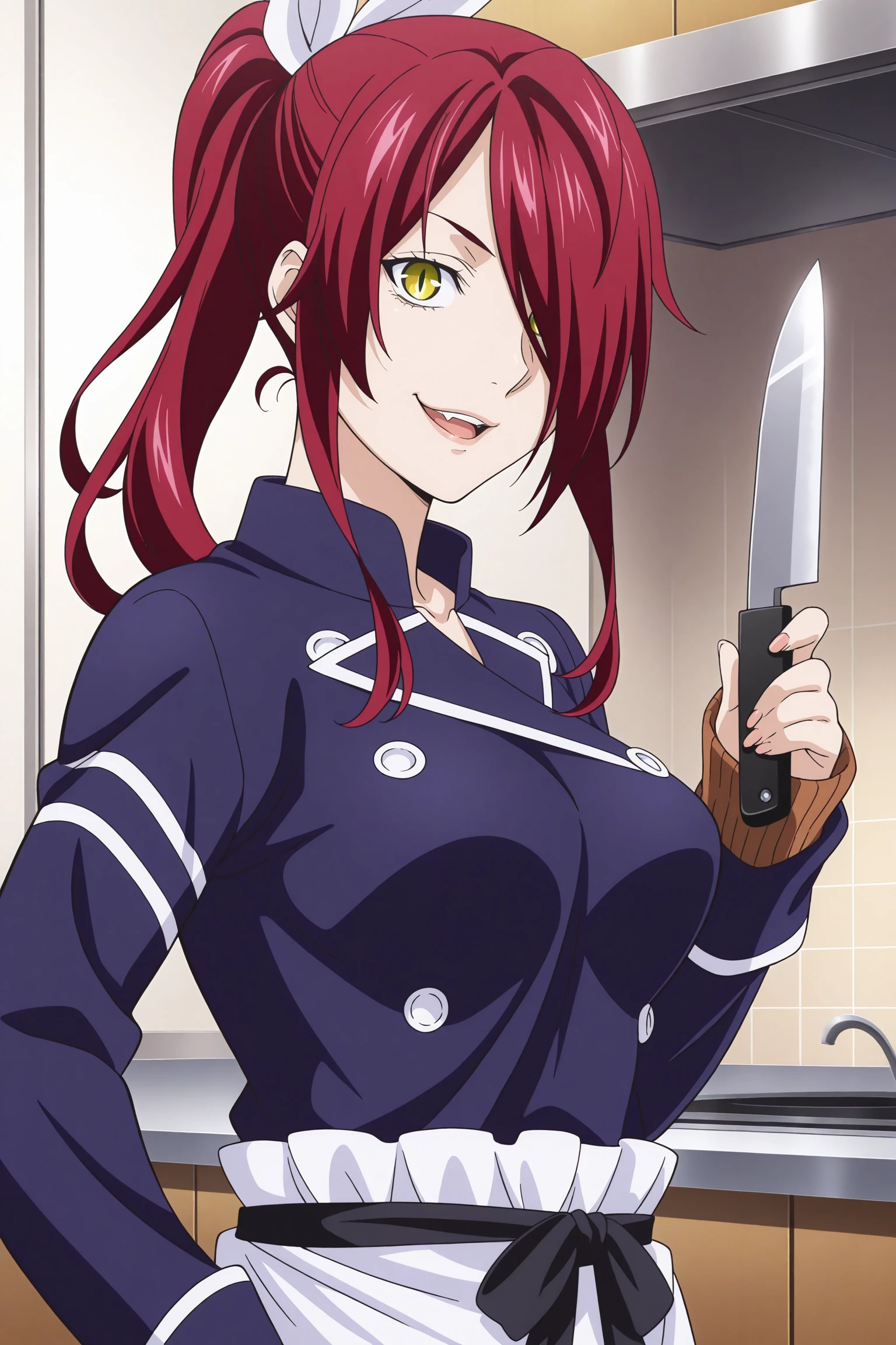 1girl, looking at viewer, indoors, kitchen, masterpiece, best quality, amazing quality, highres, absurdres, very aesthetic, high resolution, ultra detailed, perfect details, smile, smirk, open mouth, medium breasts, kobayashi rindou, long hair, red hair, wavy hair, yellow eyes, hair over one eye, slit pupils, chef, ponytails, white hair ribbon, blue uniform, blue jacket, long sleeves, sleeves past wrists, blue pants, white apron, waist apron, black waist ribbon, black shoes, <lora:Rindou_Kobayashi_ILXL:0.8>, (mature female:1.3), (upper body:1.2), (official_wallpaper:1.5), kitchen knife, holding knife