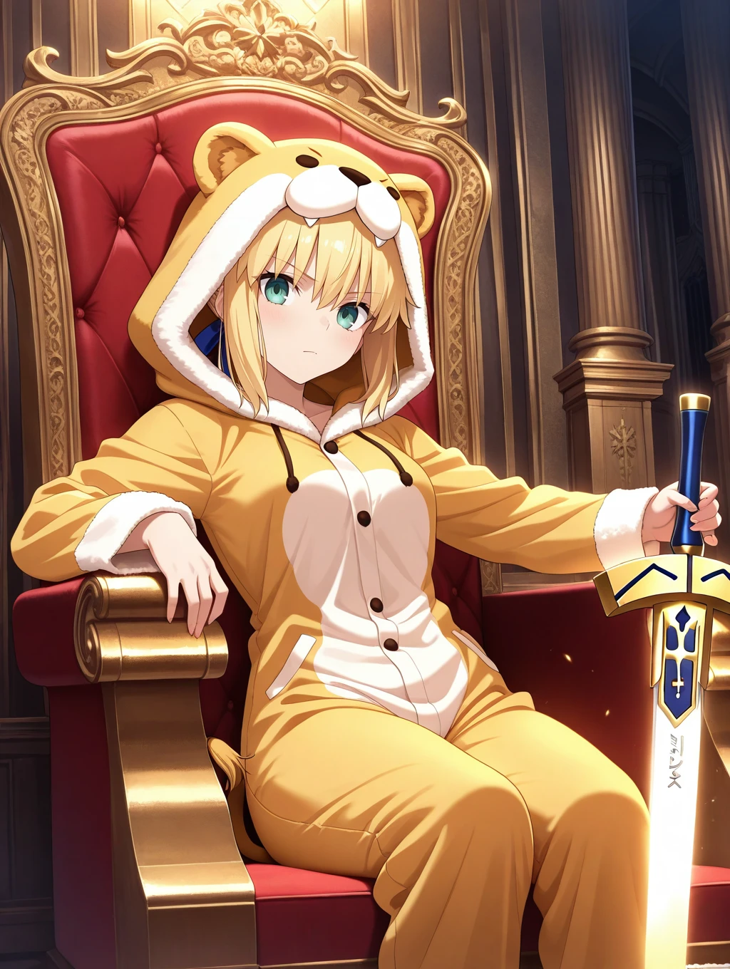 cowboy shot, 
1girl,holding sword, planted sword,
 lion pajamas, animal hood, sitting on throne, 
excalibur \(fate/stay night\), 
indoors,throne room, 
,masterpiece,best quality,amazing quality,very aesthetic,absurdres,newest,