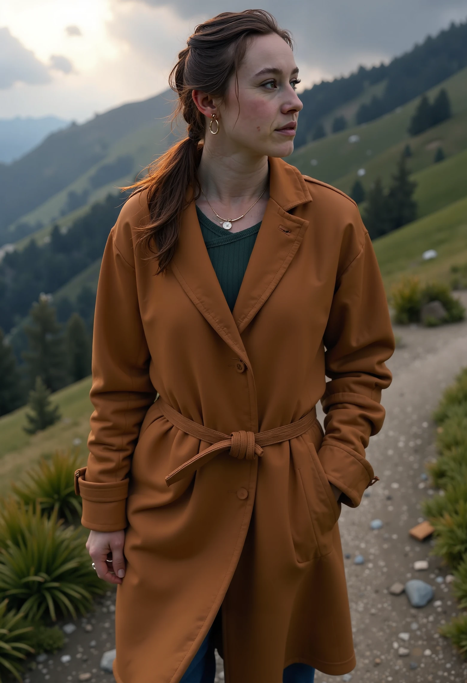 Suzanne Schulting, a woman walking on a misty mountain path, wearing a warm coat, wind blowing through her hair, soft ambient light, detailed textures on clothing, dramatic clouds in the distance, high detail, HDR, cinematic atmosphere, 8k resolution, sharp focus, photorealistic