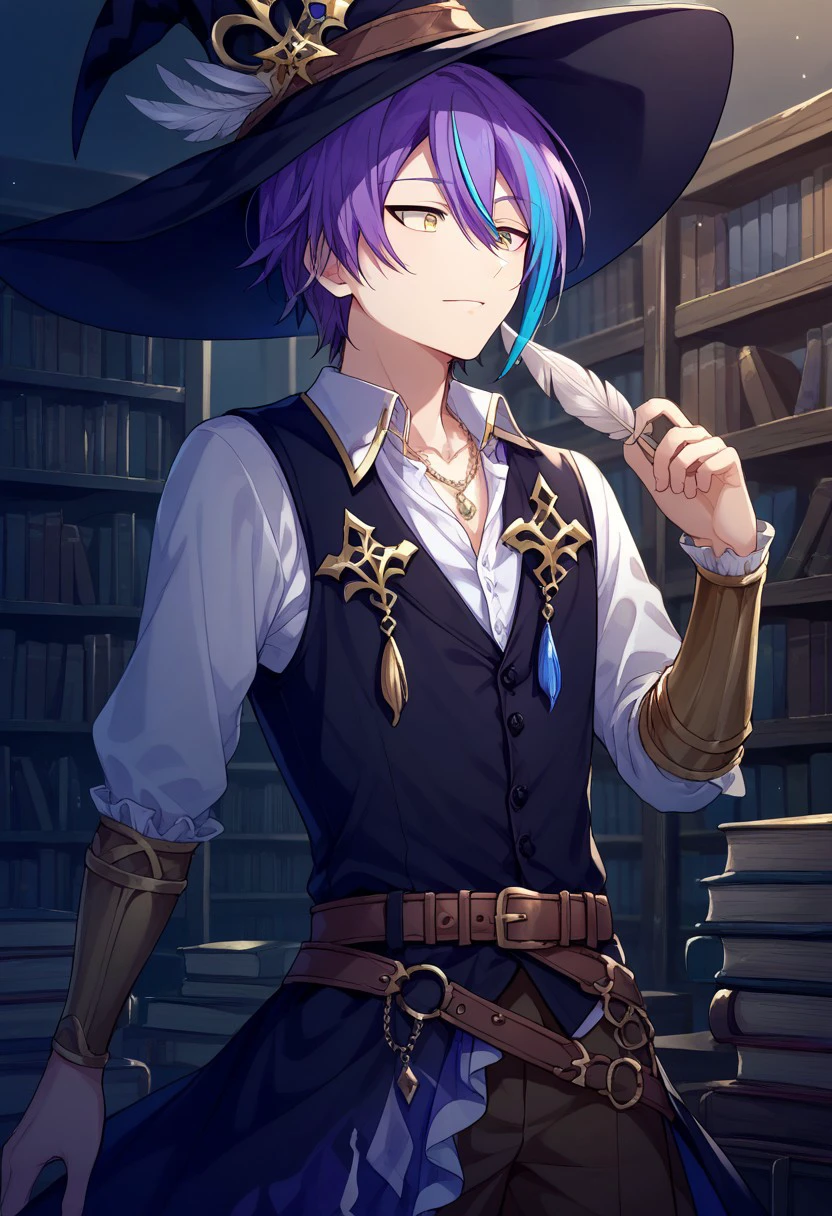 score_9, score_8_up, score_7_up, source_anime, highly detailed, 
kamishiro, 1boy, male focus, solo, yellow eyes, multicolored hair, streaked hair, hair between eyes, purple hair, blue hair, hat, hat feather, black headwear, witch hat, jewelry, necklace, shirt, white shirt, frilled sleeves, arm guards, vest, black vest, belt, brown belt, 
indoor, library, books, shadows,