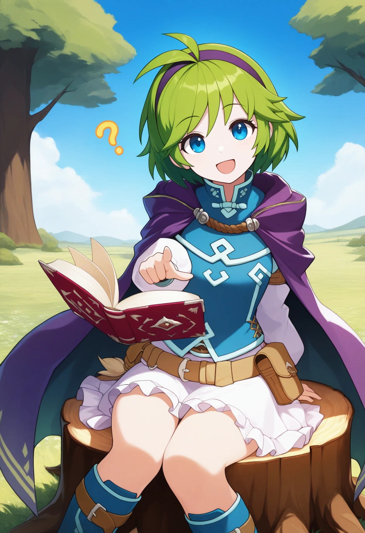 masterpiece, best quality, 1girl, solo, <lora:nino-fe-richy-v1_ixl:1> nin0d, blue eyes, green hair, short hair, antenna hair, purple hairband, blue shirt, purple cloak, long sleeves, white sleeves, white skirt, brown belt, belt pouch, blue knee boots, sitting, book, ?, head tilt, :D, smile, looking at viewer, pointing at viewer, holding book, open book, grimoire, field, outdoors, blue sky, tree stump,