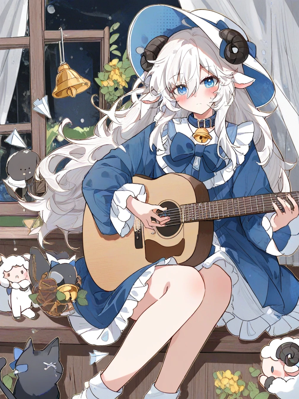 paper airplane,1girl,instrument,cat,solo,horns,long hair,neck bell,acoustic guitar,bell,holding,holding instrument,white hair,dress,window,long sleeves,collar,white socks,curtains,playing instrument,guitar,looking at viewer,blue eyes,animal ears,socks,sitting,sheep horns,very long hair,music,bow,open window,hat,hair bow,closed mouth,white headwear,frills,sheep girl,blush,feet out of frame,sheep ears,blue dress,shirt,water,windowsill,hair between eyes,
<lora:ill-xl-01-sunfish_1-000034:1>,, masterpiece, best quality, newest,