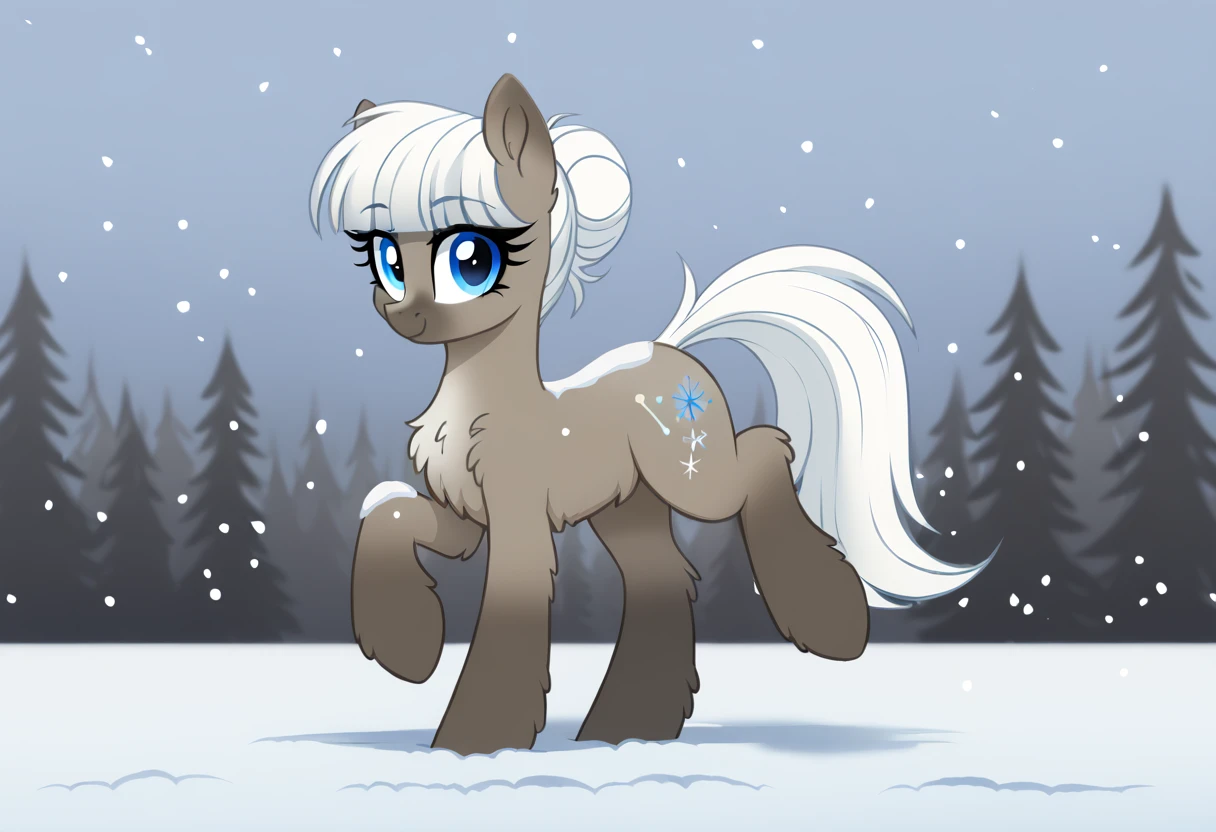 score_9, score_8_up, score_7_up, score_6_up, score_5_up, score_4_up, rating_safe, oc:snow shoes, female, mare, pony, solo, /mlp/, chest fluff, cute, eyebrows, eyelashes, fluffy, hair bun, high res, hoofprints, looking at you, oc, raised hoof, snow, tail, bangs, raised leg, oc only, pale belly, white mane, short tail, gray coat, blue eyes, smiling, snowfall, smiling at you, coat markings, snowy background, leg fluff, eyebrows visible through hair, hoof fluff, socks \(coat markings\), ponybooru import, yakutian horse, snow mare, detailed, beautiful, detailed background, <lora:Wholesome-MLP-v1.3b:1>, <lora:Snow_Ponies-000008:1>