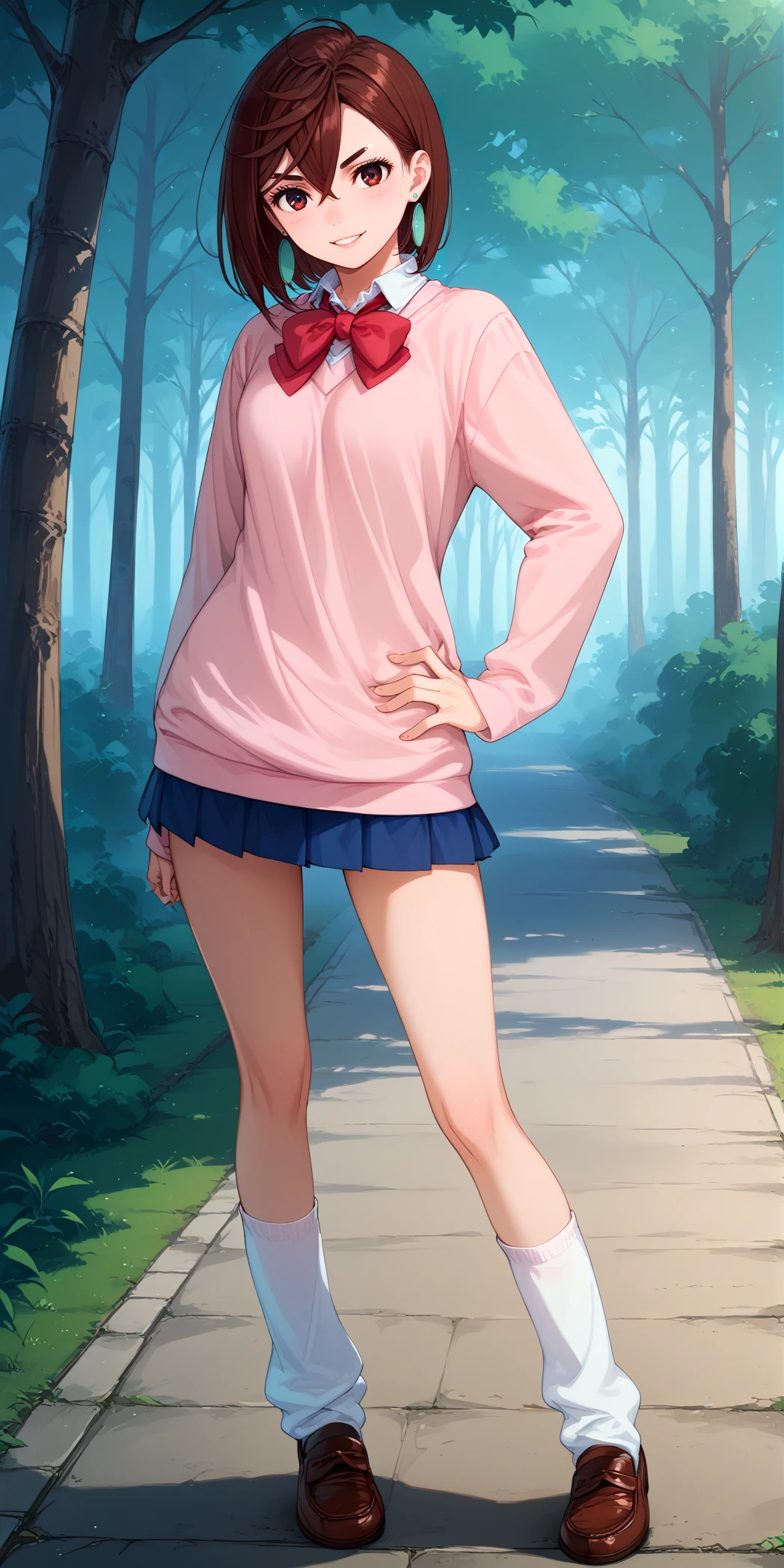 score_9, score_8_up, score_7_up, score_6_up, anime source, anime style,
 <lora:P-AyaseMomo:1> 4y453, 1girl, brown hair, earrings, brown eyes, hair between eyes, short hair, 
sch007, pink sweater,  blue skirt, pleated skirt, school uniform, loose socks, loafers, red bow tie, 
medium breasts, seductive smile, parted lips, eyelashes, standing, full body, one hand on hip, dynamic pose, 
forest background,