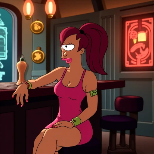 Leela from Futurama sitting in a bar