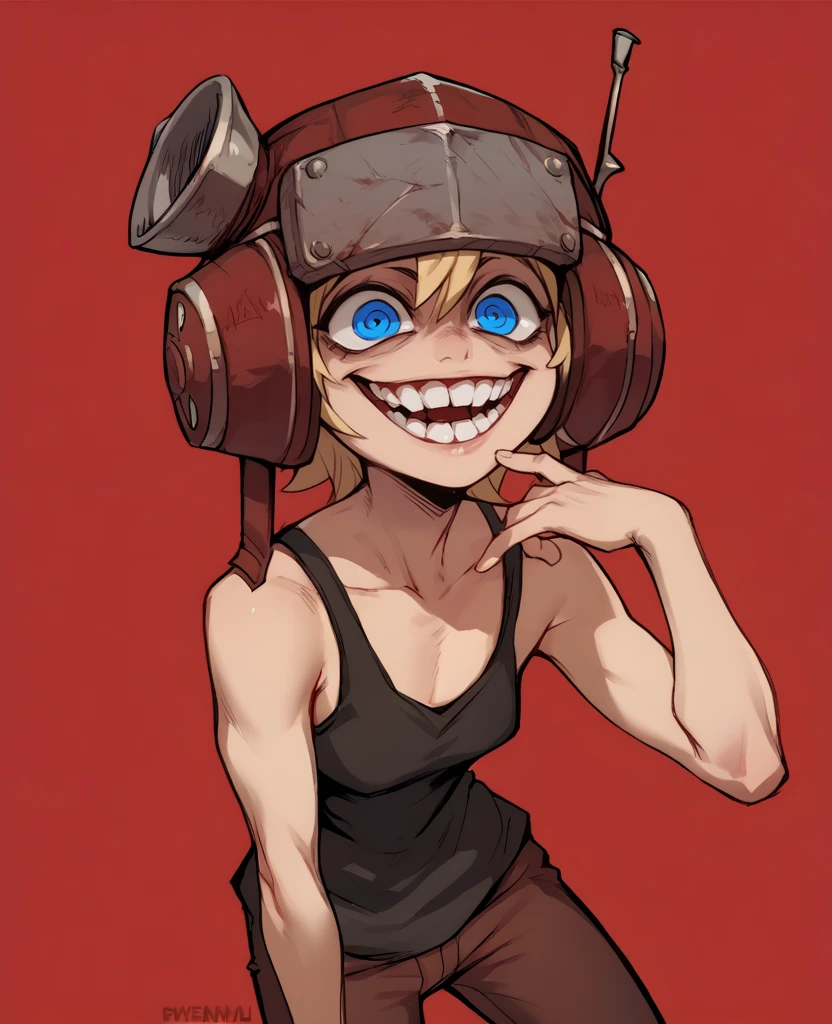 score_9,score_8_up,score_7_up,score_6_up,score_5_up,score_4_up,
venaxl,blonde hair,helmet,blue eyes,crazy eyes,teeth,
tank top,crazy smile,pants, 
solo,
red themed,red background,
<lora:venaxl-12-PGX45:0.8>,