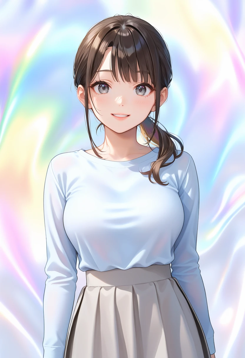 score_9, score_8_up, score_7_up, source_anime, perfect anatomy, ((outlined outlined vector graphics)),,cute face,
1girl, 20yo, brown hair, gray eyes, (large breast:1.1), (ponytail:1.1), medium hair,(curvy:1.1),(light blue clohtes:1.1),bangs,casual ware, cowboy shot, light blue shirt, gray skirt, long sleeves,smile, parted lips , peaceful,
,  silk background, tatsuki background,(rainbow silk:1.3),rainbow background,
 <lora:silk-background-01:1.2>