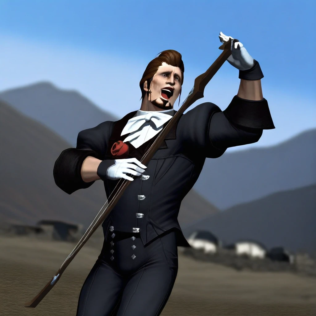 h1ld1br4nd, the manderville man, 1boy, male focus, solo, brown hair, facial hair, gloves, flower, open mouth, parody, instrument, rose, pants, blurry, beard, white gloves, black pants, blurry background, mustache, sky, mandervillous, masterpiece, , cinematic angle, cinematic lighting,