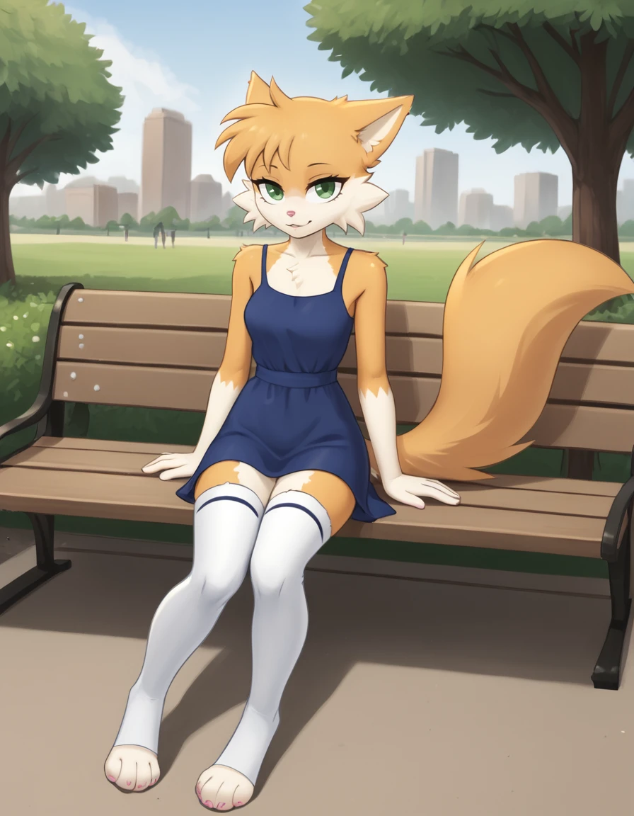 outdoors,park, bench, 
Rolo,1girl,solo,animal ears,furry female,body fur,animal nose,white fur,green eyes,short hair,tail,fox ears,fox girl,two-tone fur,fox tail,orange fur,long eyelashes,
full body,seductive smile,parted lips,
sitting, blue sundress, white thighhighs, black underwear, 
<lora:Rolo_v01_PDXL:1>,