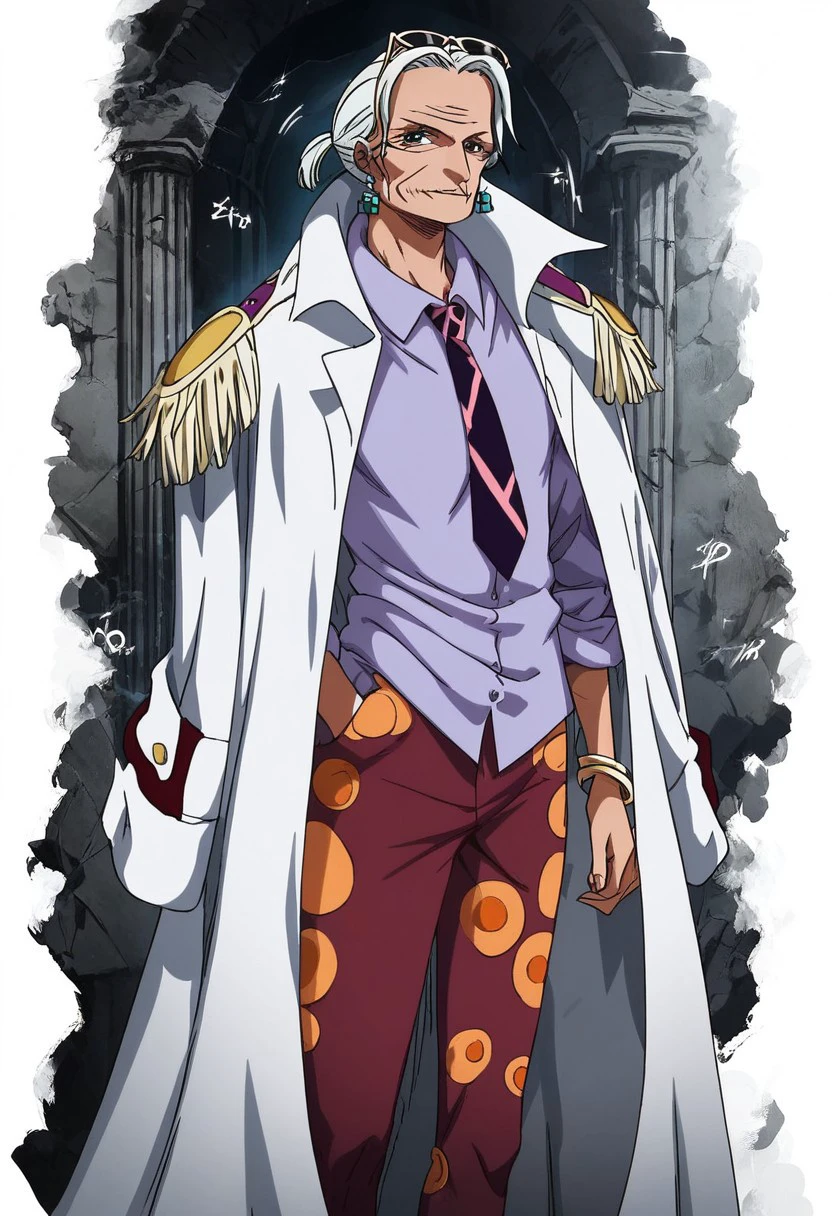 TsuruOP, 1girl, solo, old woman, grey hair, black eyes, jewelry, earrings, wrinkles, cape, epaulets on cape, hair bun, untucked shirt, breast, sleeves rolled up, necktie, pants, bracelet, shoes, sunglasses on head,
seductive pose, sexy pose, tease, ruins, 
 score_9, score_8_up, score_7_up, beautiful aesthetic, very intricate, high quality details,vibrant, highly detailed, award-winning, professional,anime artwork, anime style, studio anime, athletic, toned female,muscular milf,curvy body, athletic girl,fit girl, perky tits,huge breast,perfect tits, round breasts, nipple outline,looking at viewer, pinup pose,teasing, dynamic lighting, cinematic, smug, better than you, aura of temptation, highly detailed, high resolution, masterpiece, detailed clother, detailed background, highly detailed, ((sound effects)) comic layout,