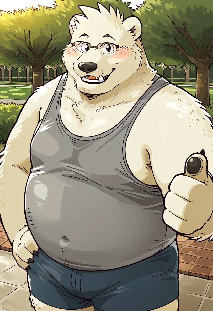 1boy, solo, backlight, detail background, cartoon style, 2d, anthro polar bear, furry male, 1boy, solo, white body/fur, robust build, stocky body, thick arms, fat, overweight, plump, prominent belly, wide snout, round black nose, big eyes, black eyes, short ears, black eyebrows, four fingers, four toes, black claws on finger and toes, rectangular shaped glasses, Expressiveh, gray tank top, blue shorts, thumbs up, from above, three quarter view, seductive expression, relax, looking at viewer, park, outside, trees, day, close up, upper body